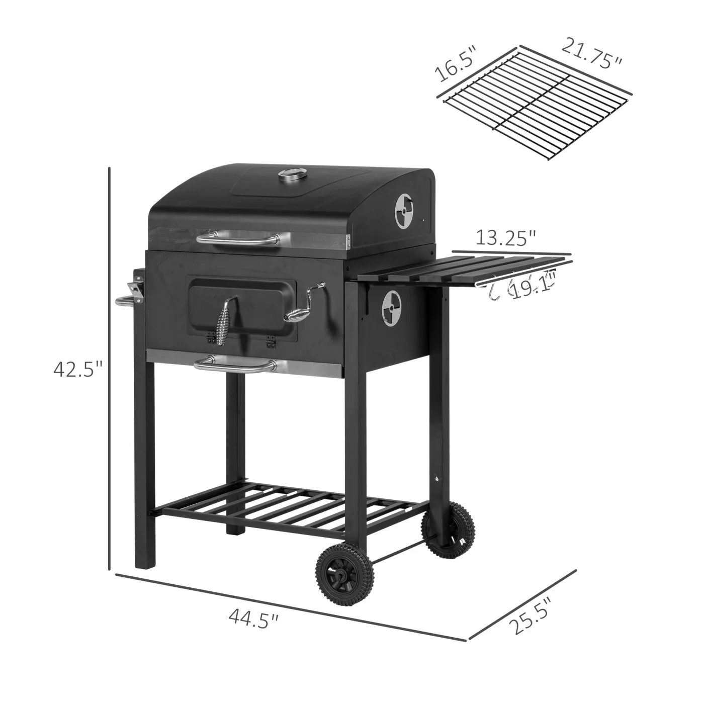 44.5" Charcoal BBQ Grill, Outdoor Portable Cooker for Camping or Backyard Picnic with Side Table, Bottom Storage Shelf, Wheels and Handle, Black