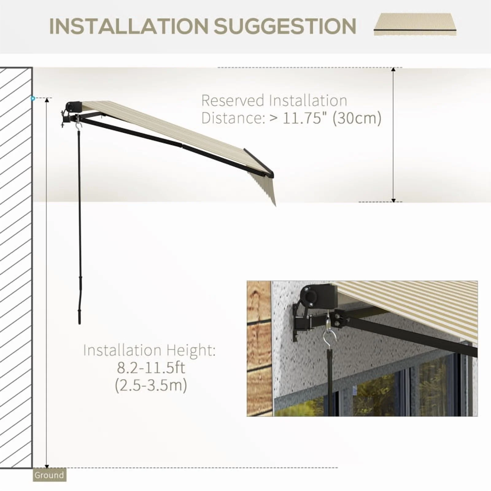 Outsunny 12' x 10' Retractable Awning, Patio Awning Sunshade Shelter with Manual Crank Handle, 280gsm UV Resistant Fabric and Aluminum Frame for Deck, Balcony, Yard, Beige and White On-Site