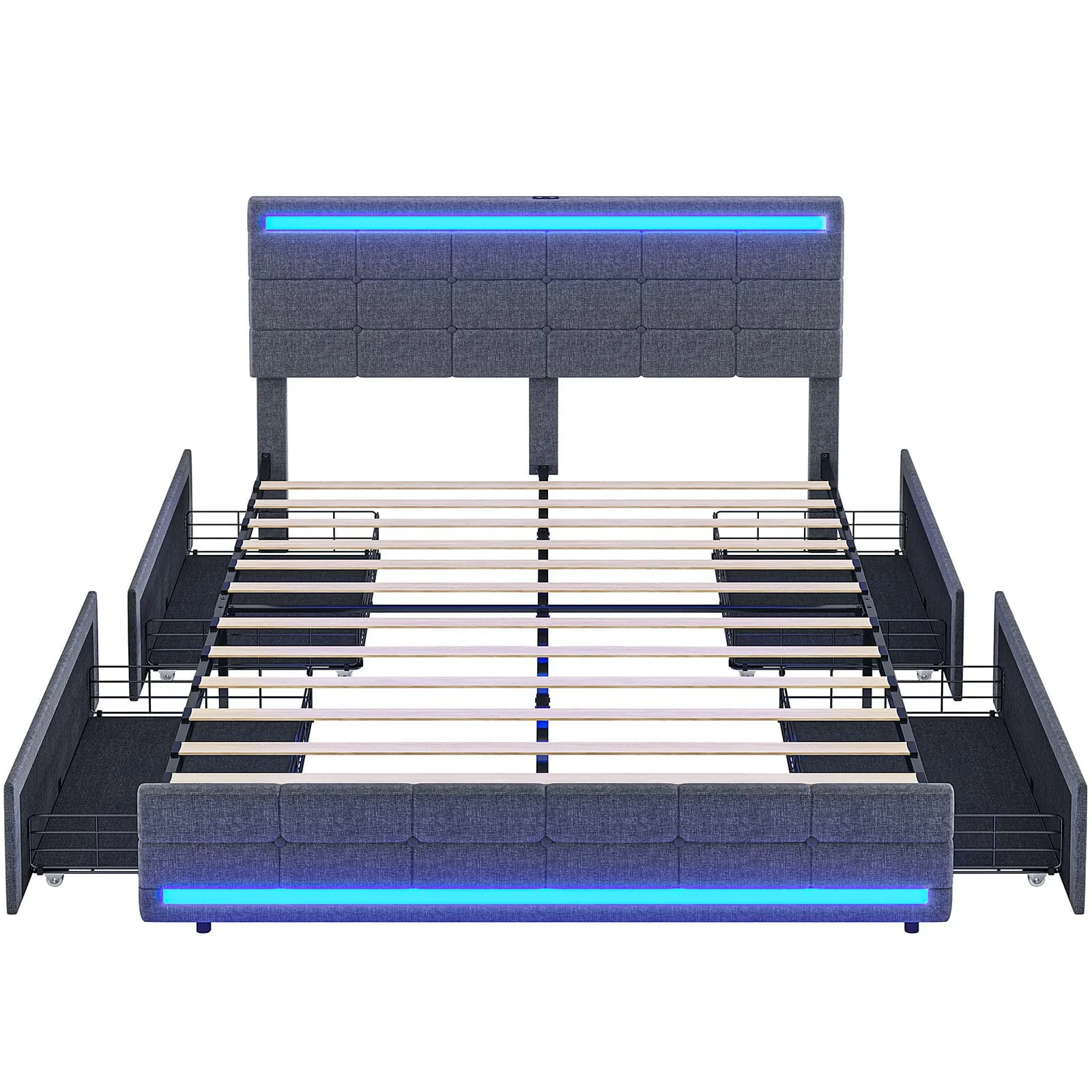 Full Size Bed Frame with 4 Storage Drawers, Platform Bed Frame with 2 USB Ports, Upholstered Bed with LED Headboard Footboard, Square Stitched Button Tufted Design, Dark Grey
