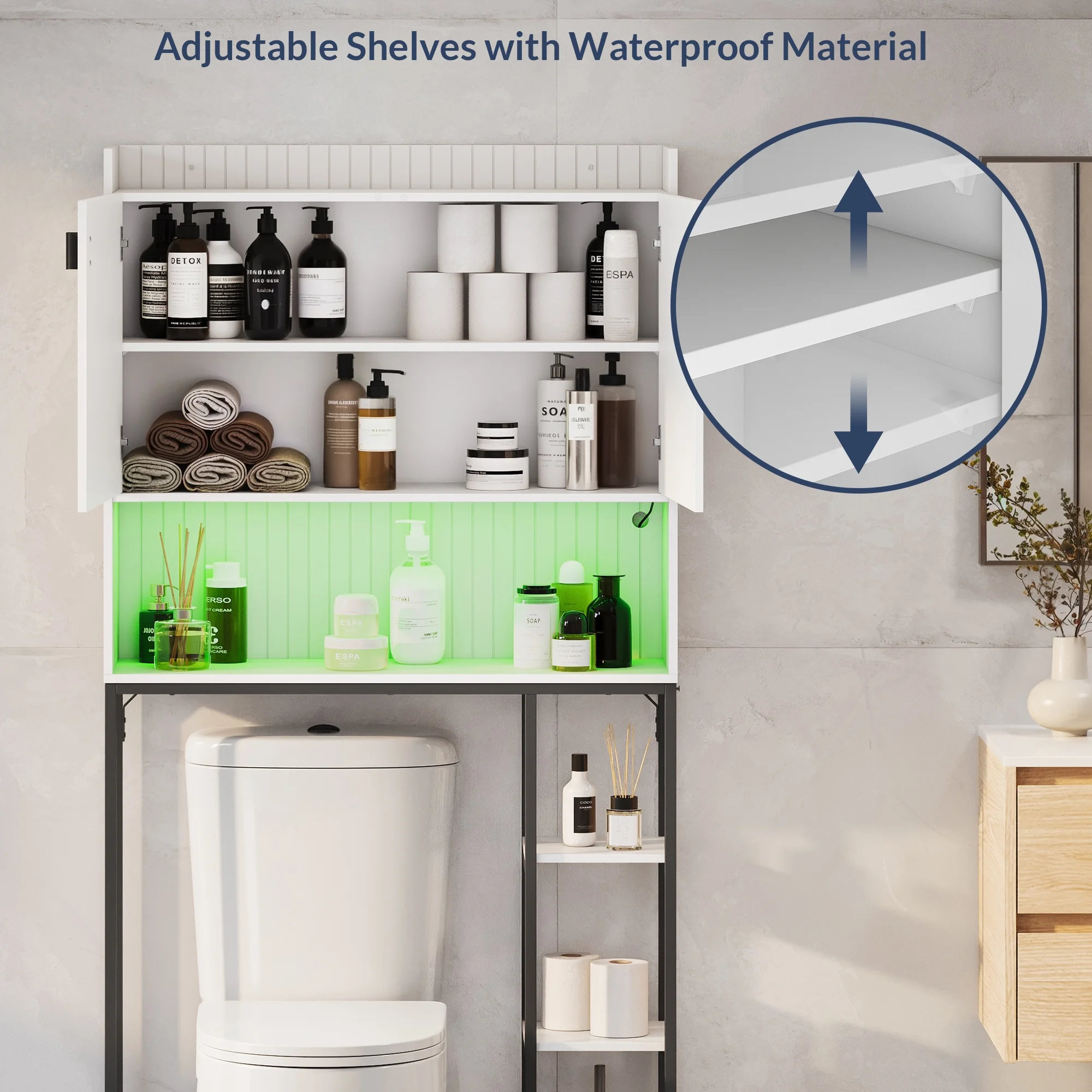 BELLEZE Over The Toilet Storage Cabinet with LED Light, Freestanding Above Toilet Rack with Adjustable Shelf, Bathroom Space Savers Anti-Tipping Device Included - Murano (White)
