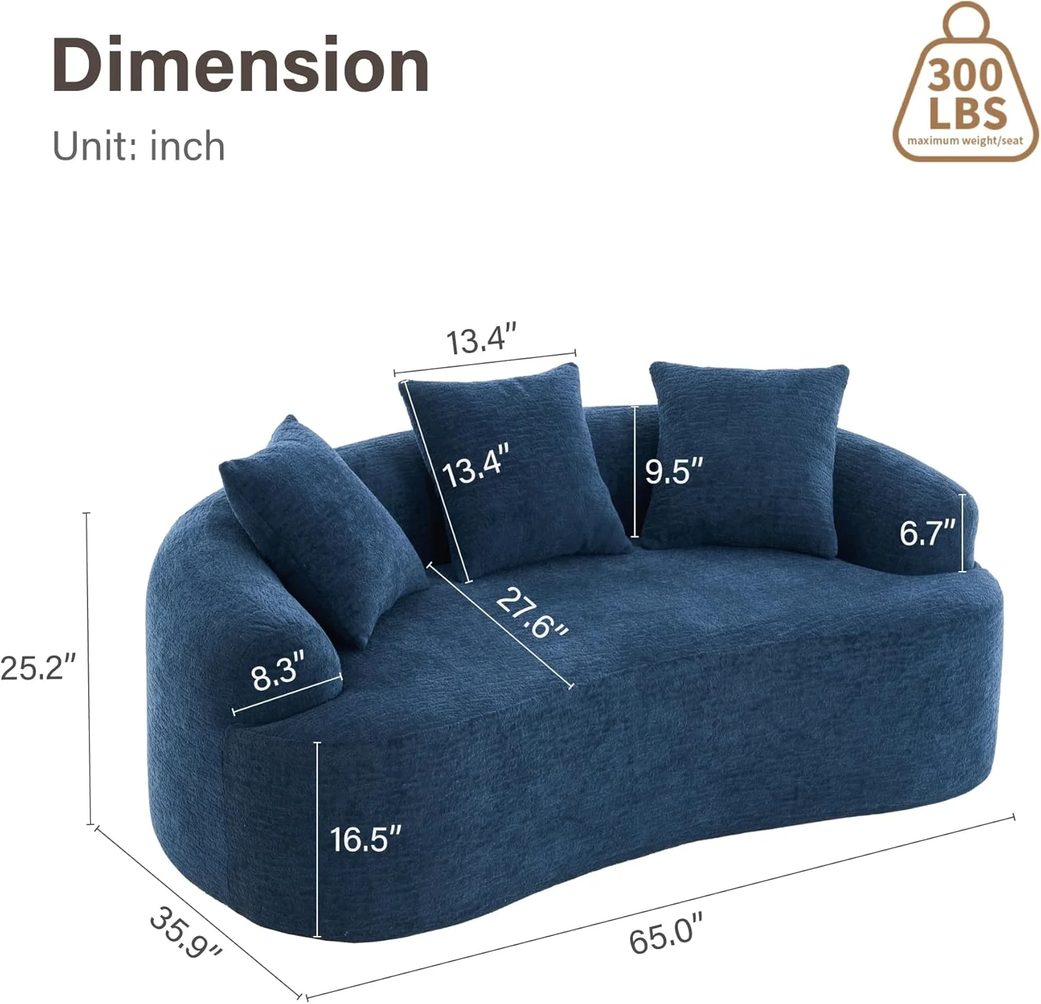 Loveseat Sectional Sofa for Living Room, 65’?Modern Luxury Plush Chenille Extra Deep Seat Curved Cloud Floor Couch with 3 Throw Pillows for Small Spaces, No Assembly Needed, Sapphire Blue