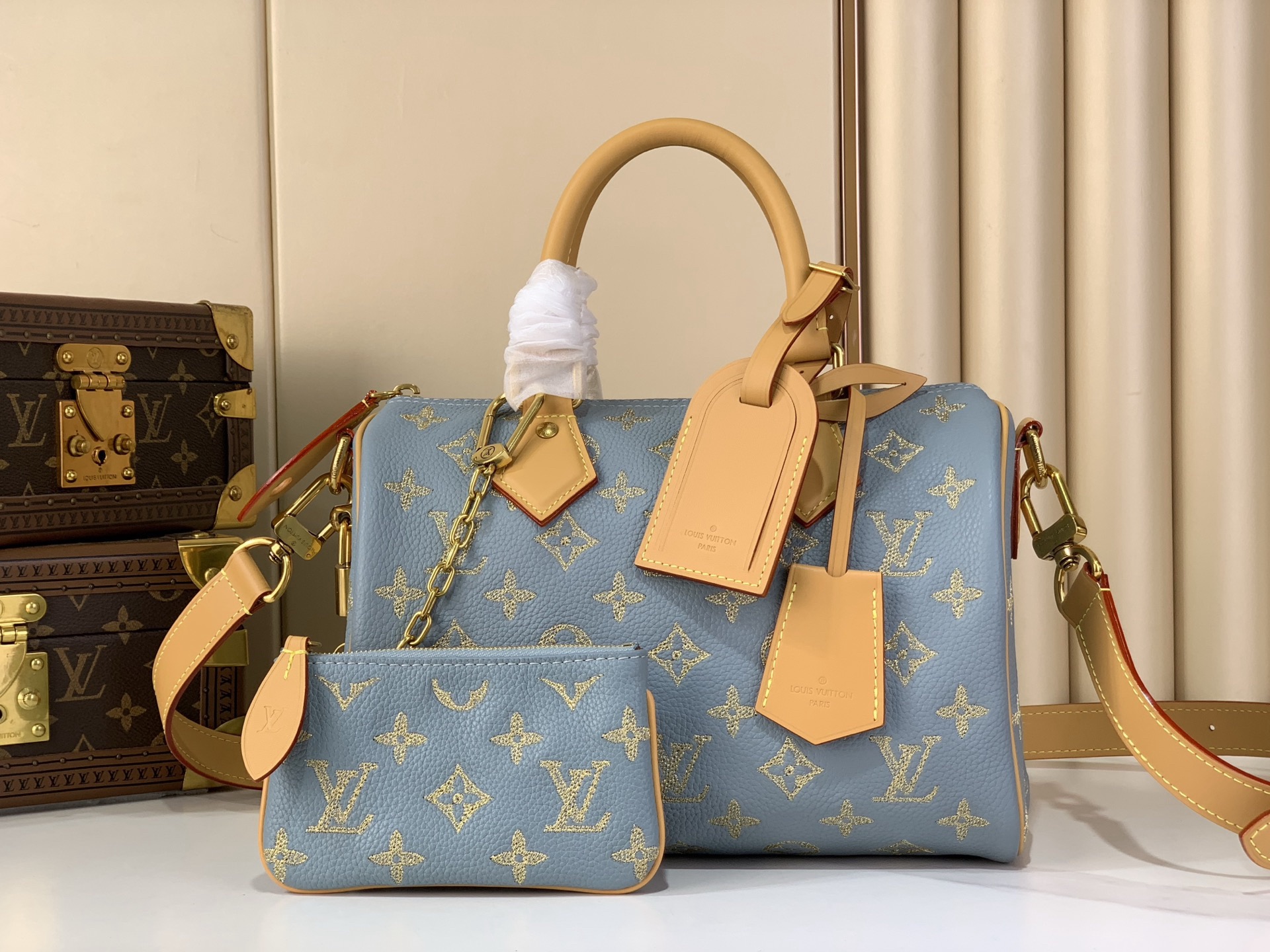 LV Speedy P9 Bandoulière 25 Bag Golden Silk Blue Top Quality
