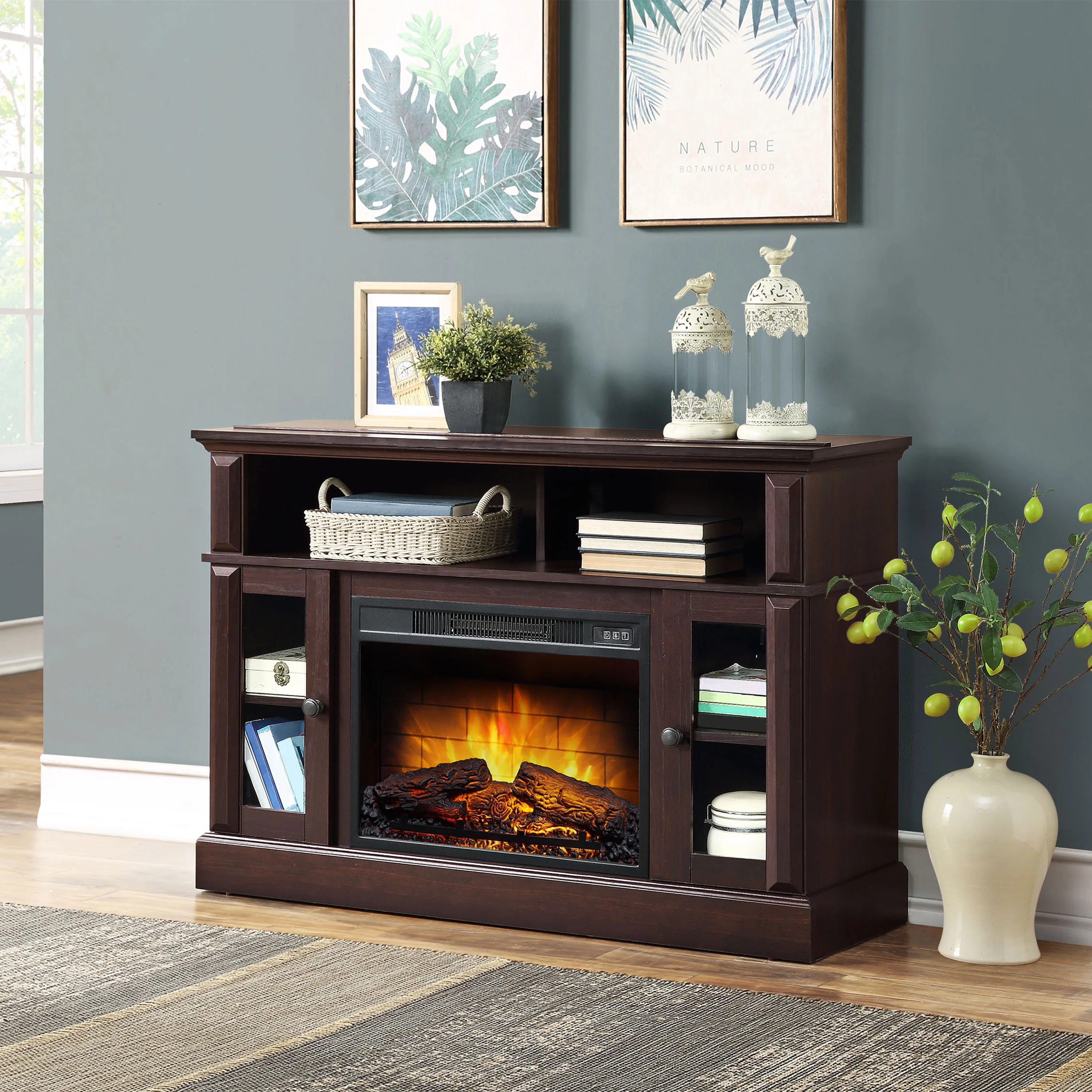 Whalen Furniture Barston Media Fireplace TV Stand for TVs up to 55��, Cherry Brown Finish