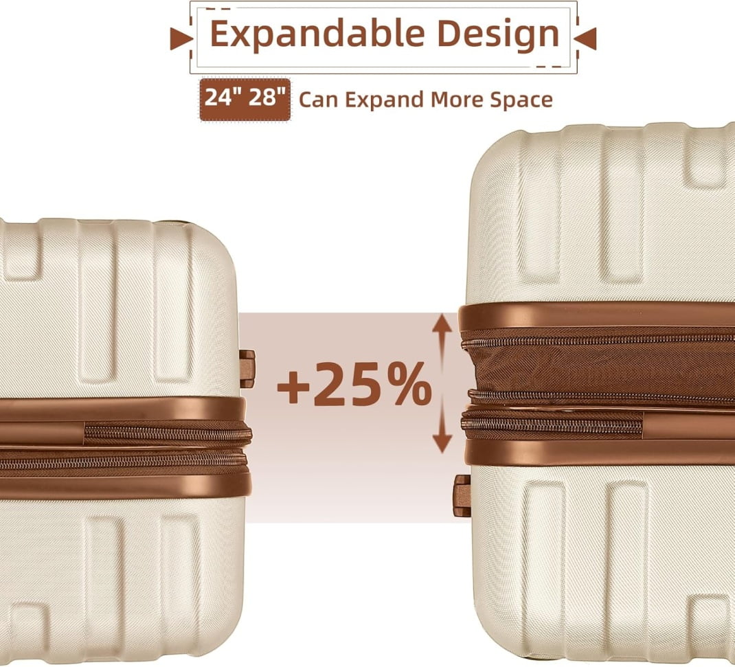 6-Piece Hardshell Luggage Set with Expandable Spinner Suitcases & TSA Lock, 25% Extra Capacity, Duffel Bag & Toiletry Kit, Cream ABS Suitcases