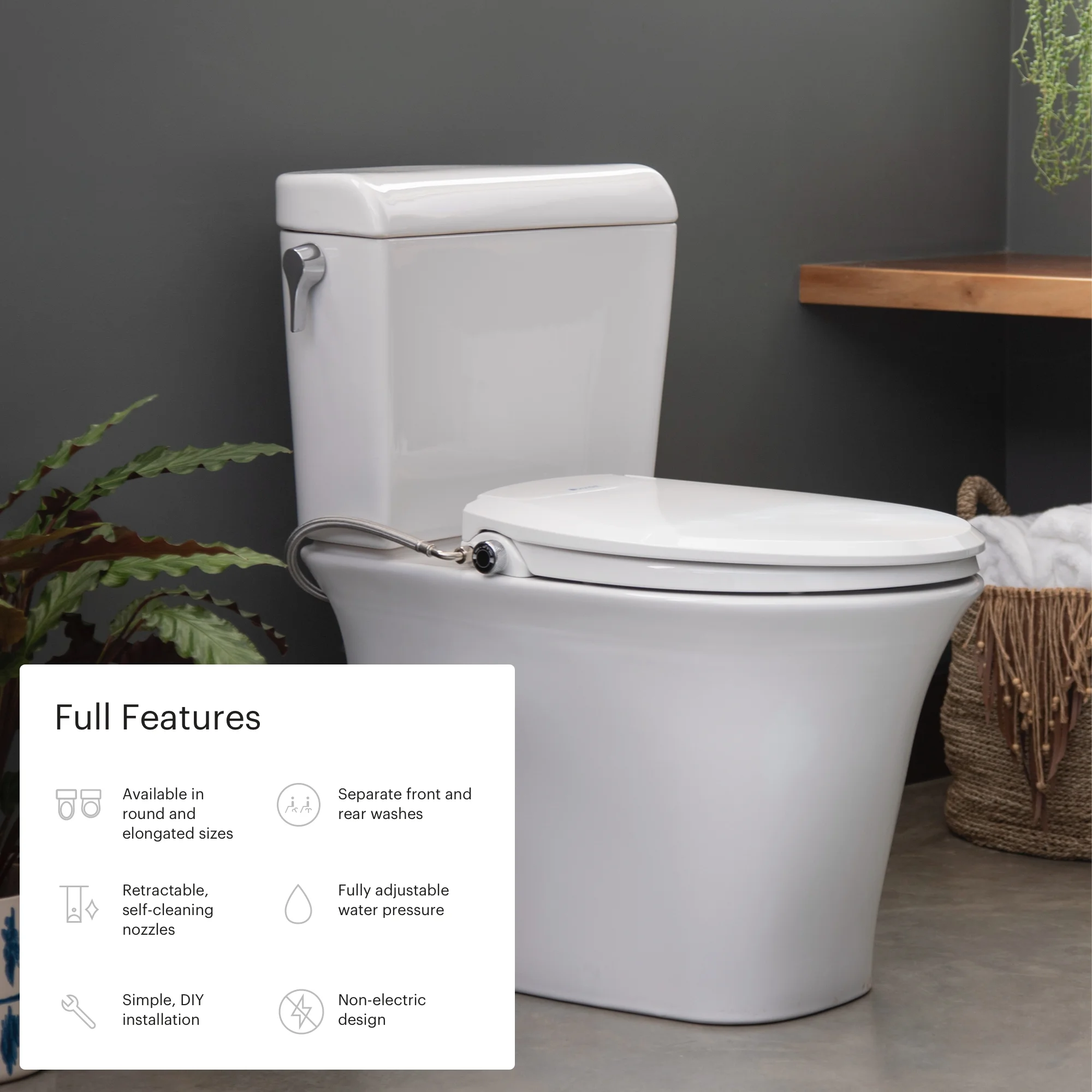 Brondell Bidet Toilet Seat Non-Electric Ecoseat, Fits Elongated Toilets, White - Dual Nozzle System, Ambient Water Temperature - Easy Installation, Elongated Size