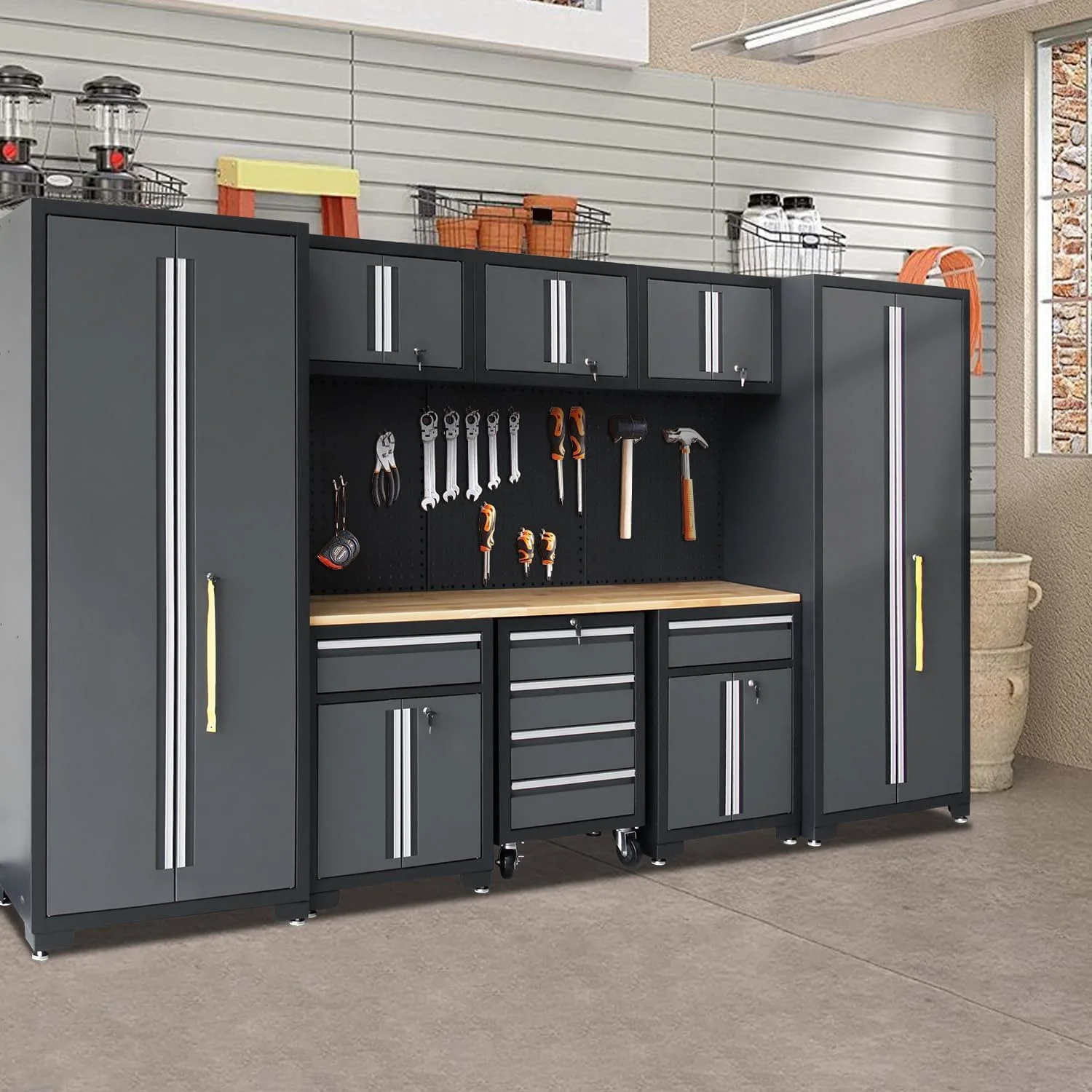 HPDMC Garage Storage Cabinet System 9-Pcs Workshop Set Metal Garage Cabinets and Storage System with Steel Cabinet Drawers, Rolling Chest, Workbench, Pegboard for Garage Tool Organization