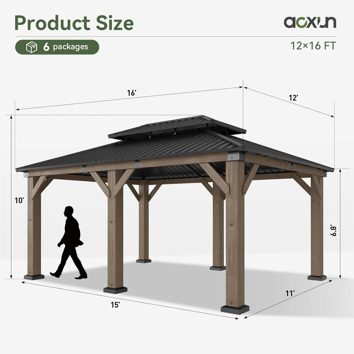 Aoxun 12' x 16' Outdoor Wood Gazebo, Hardtop Gazebo Permanent Wooden Pavilion with Galvanized Steel Double Roof, for Patio, Garden, Backyard, Cedar Wood