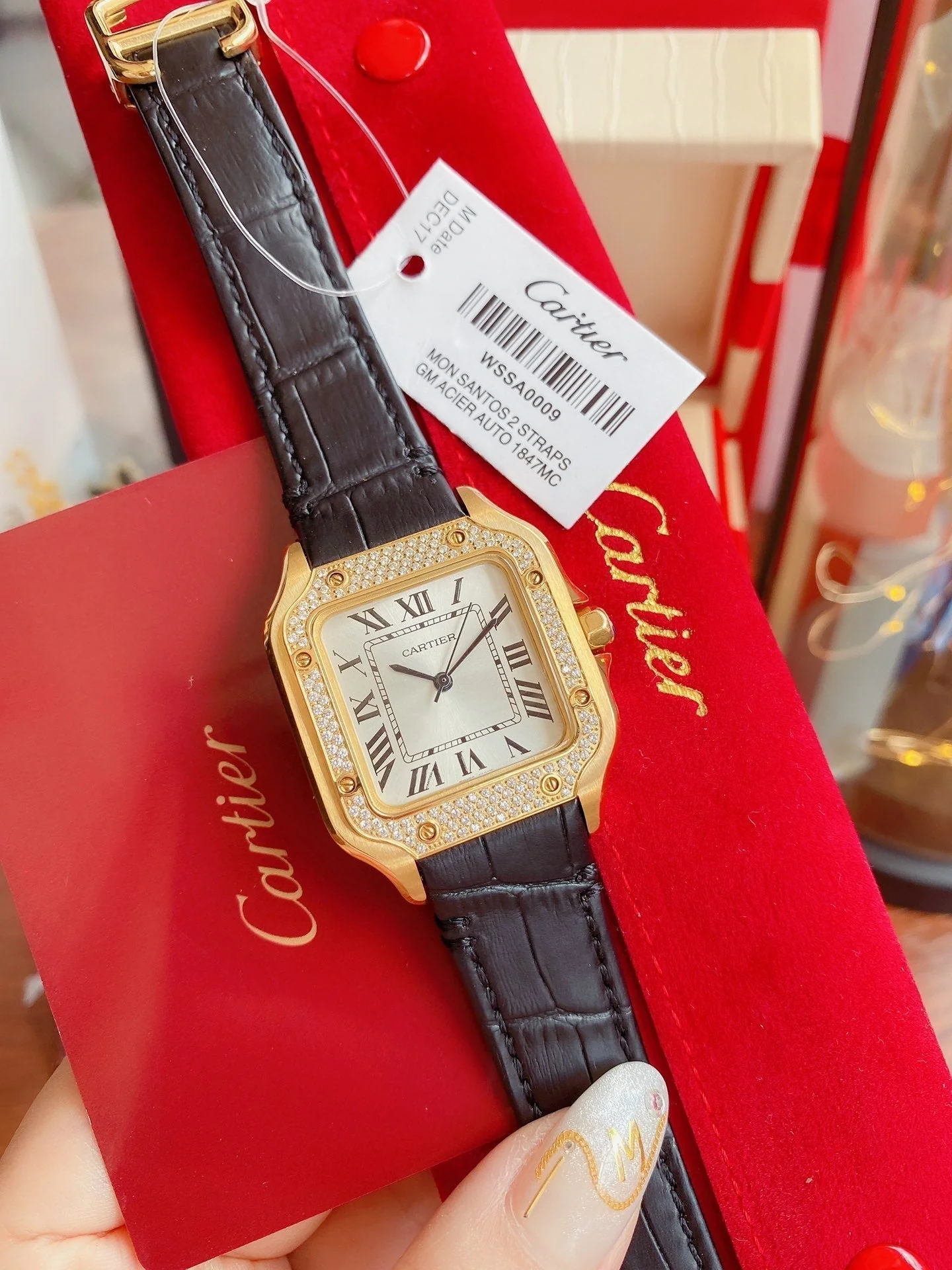 Cartier Watch SANTOS LADY 35MM QUARTZ 35MM GOLD CASE DIAMOND BEZEL LEATHER