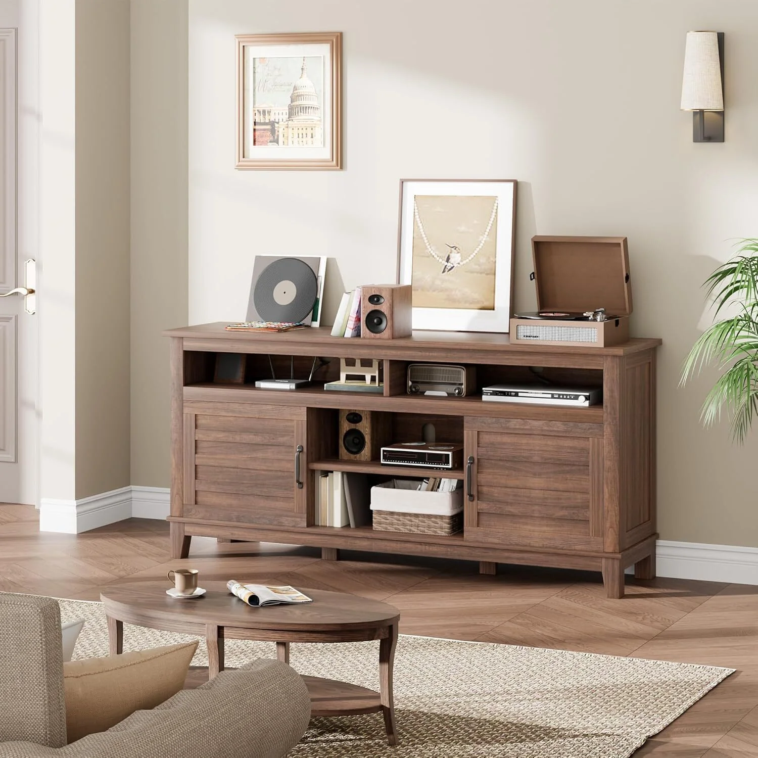 Emorefun Modern TV Stand for 65 Inch TV with 8 Storage Compartments & Adjustable Shelves for Living Room, Bedroom, Brown