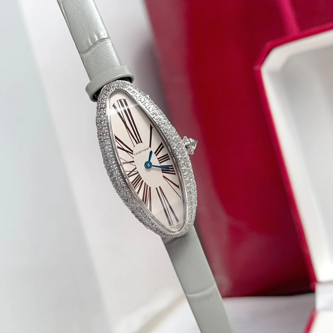 Cartier Watch Vintage Baignoire 21mm Silver Diamond Case Grey Leather