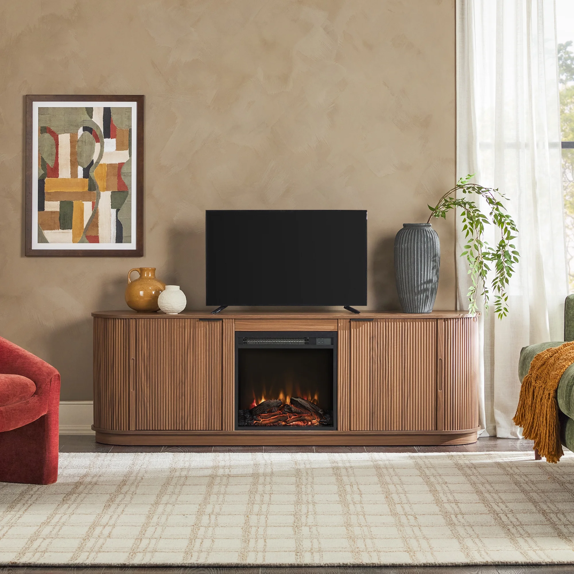 Walker Edison Modern Reeded 70 Fireplace TV Stand - Mocha