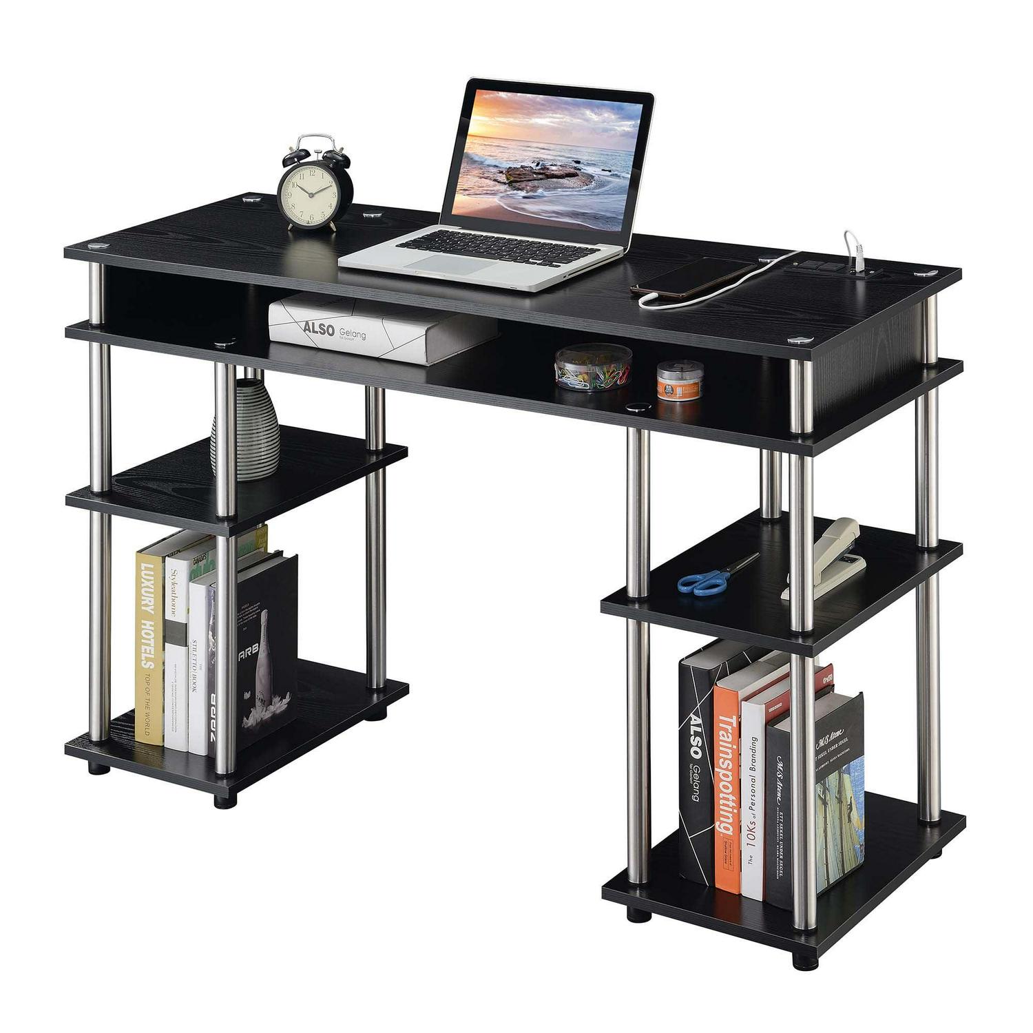 Convenience Concepts Designs2Go 30″ Tall No Tools Student Desk with Charging Station and Shelves. Black