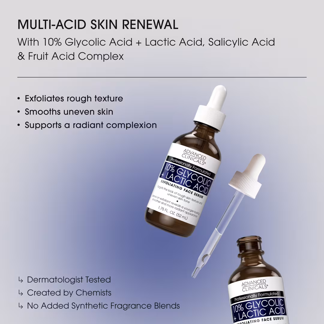 Advanced Clinicals  10% Glycolic + Lactic Acid Exfoliating Face Serum