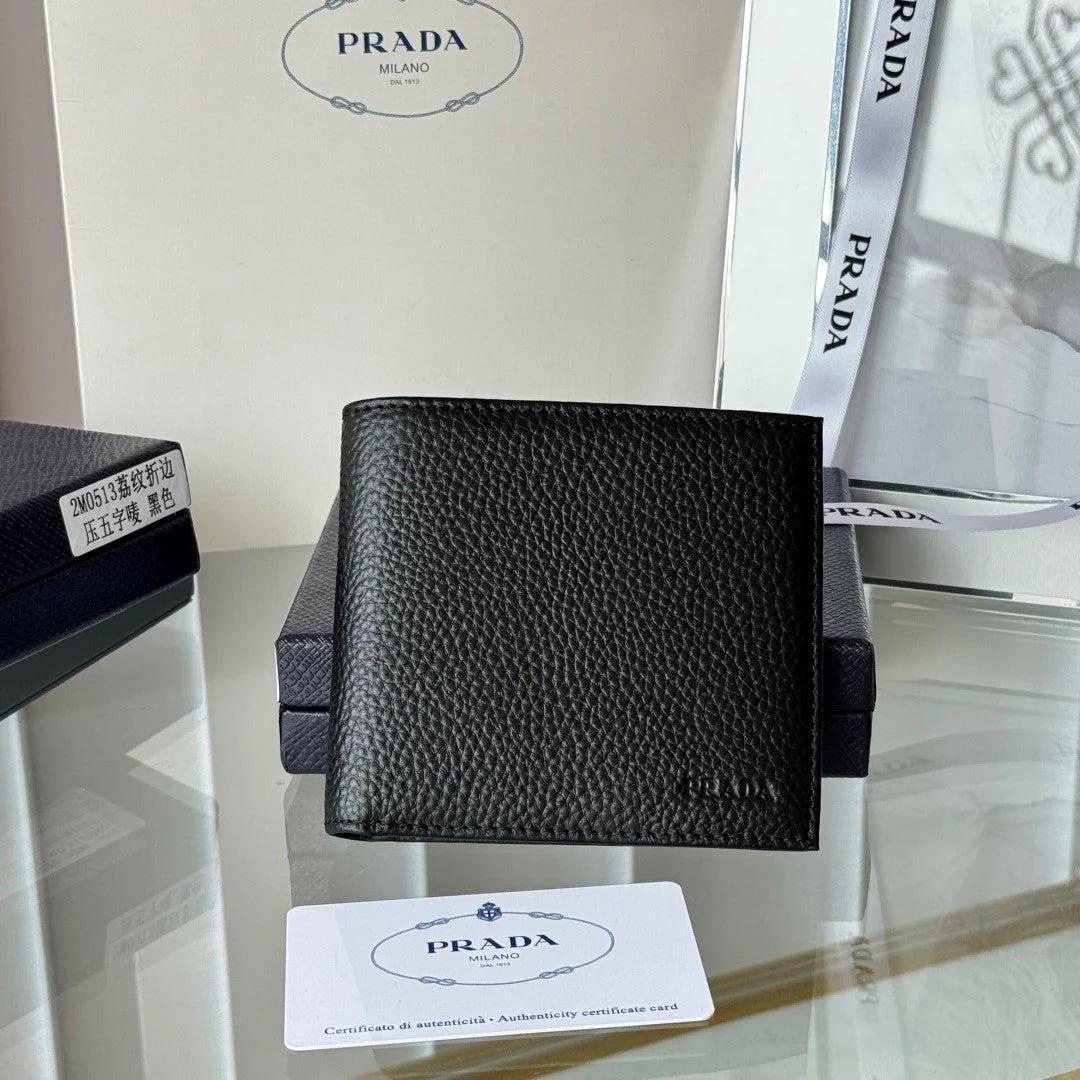 Prada 2M0513 Logo-Debossed Wallet 11cm Black lychee-grained cowhide