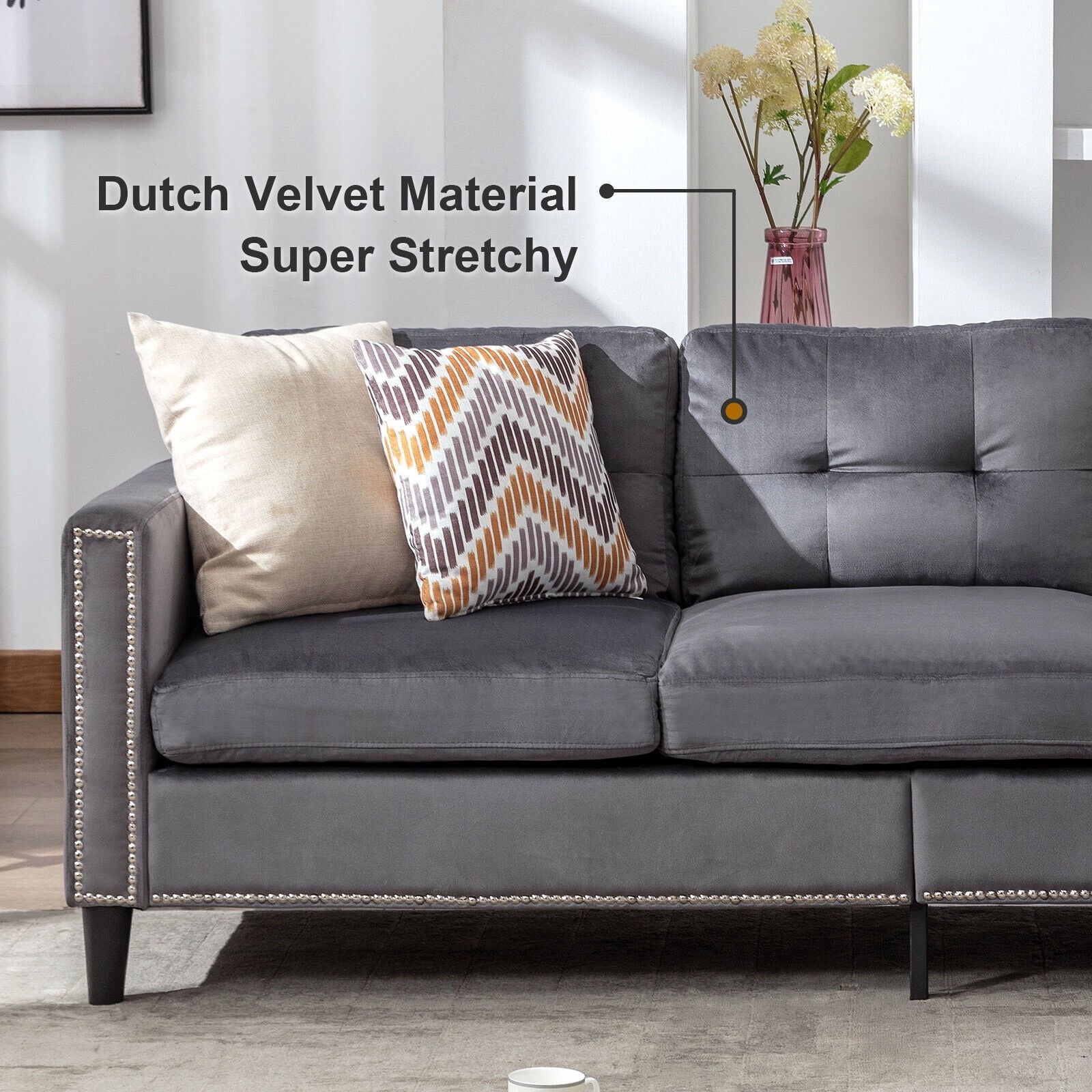 COSVALVE 78" Gray Sectional Couch Velvet Combination L Shaped Sofa with Removal Ottoman, USB, Pocket Storage