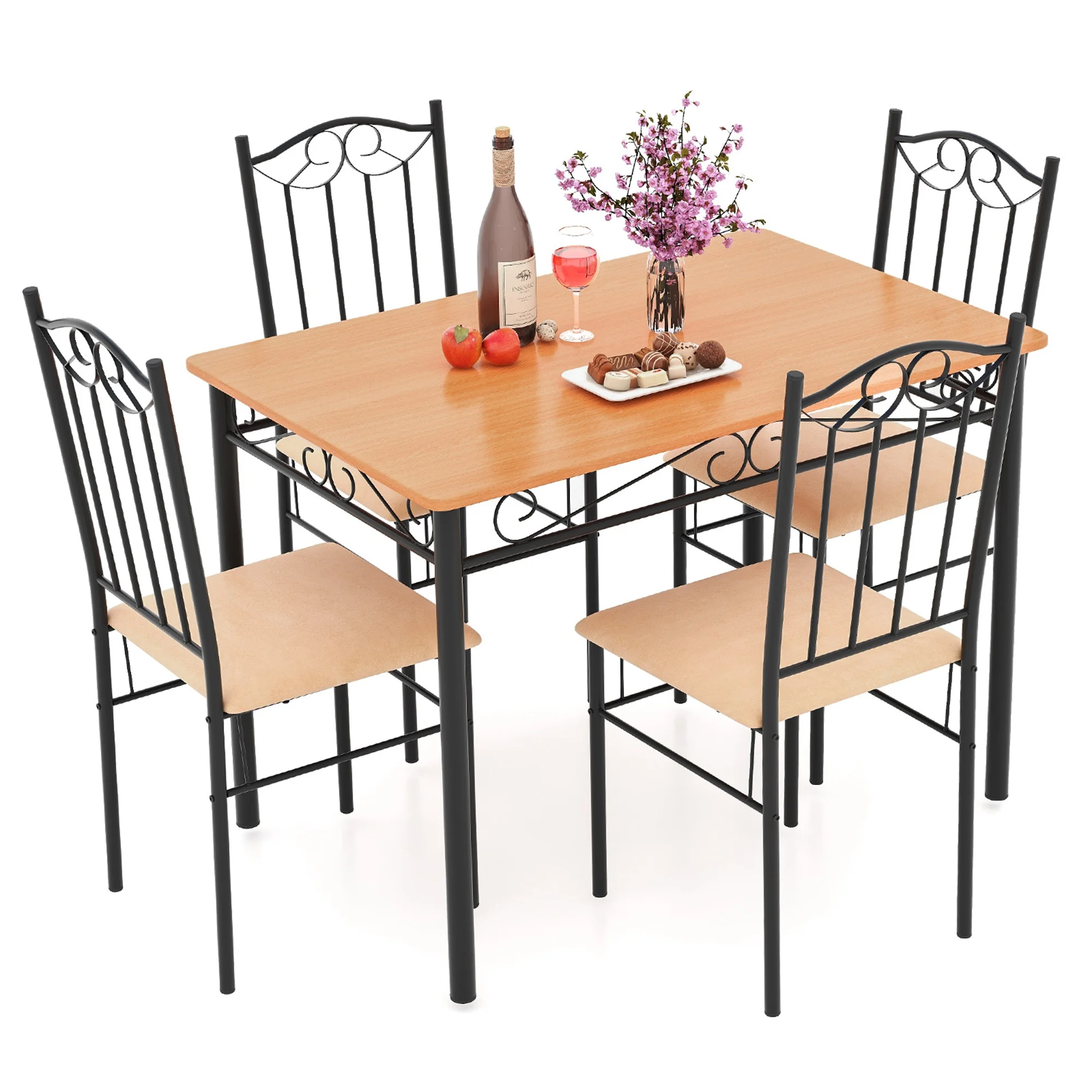 Costway 5 PCS Dining Set Wood Metal 30" Table & 4 Chairs Upholstered Kitchen Breakfast Furniture