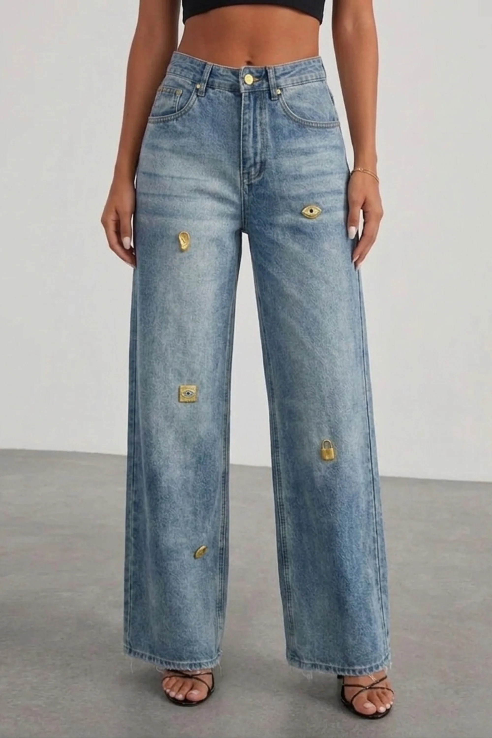 Faded Embellished Wide-Leg Jeans