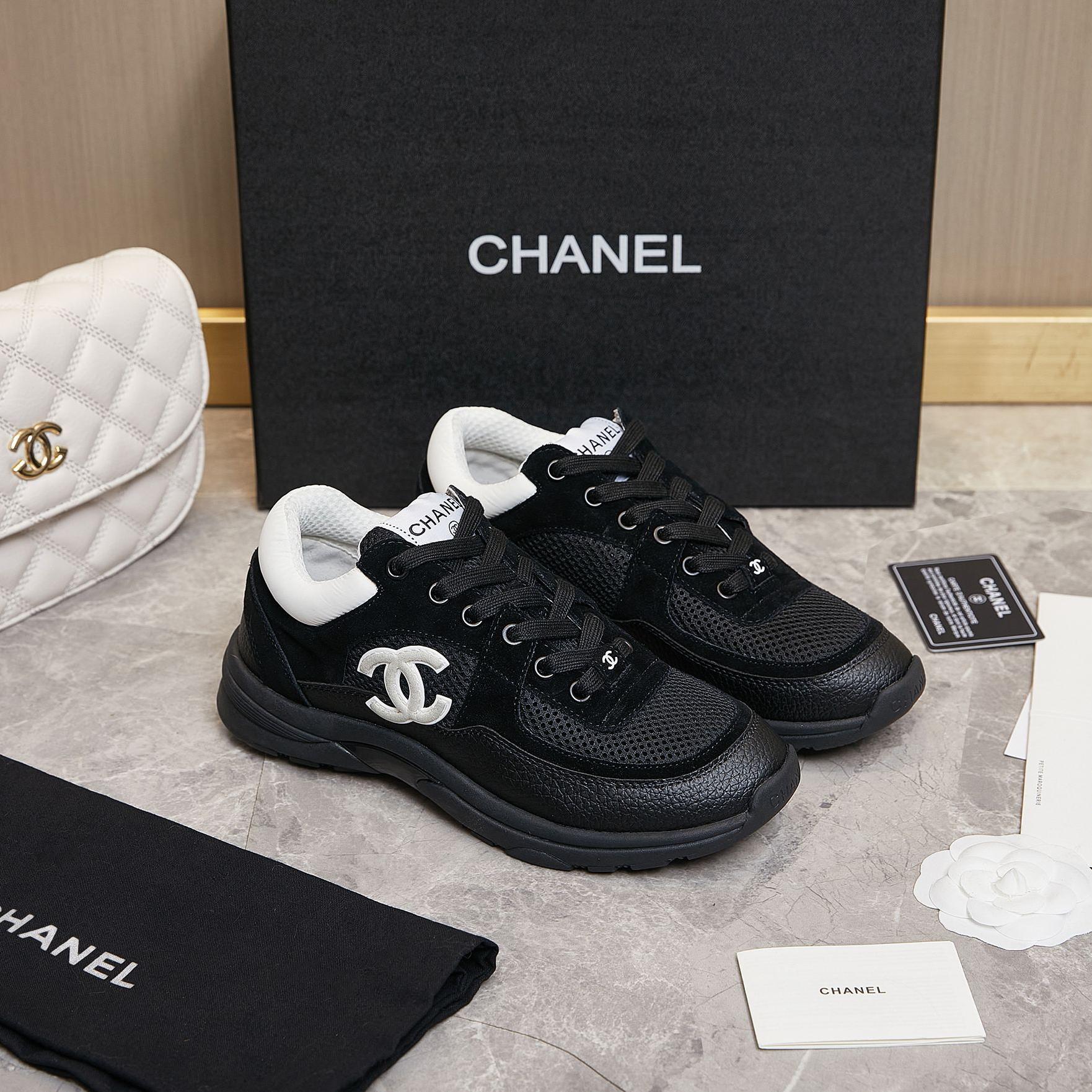 CHANEL - Mesh and Leather Low-Top Casual Shoes Women Black/White