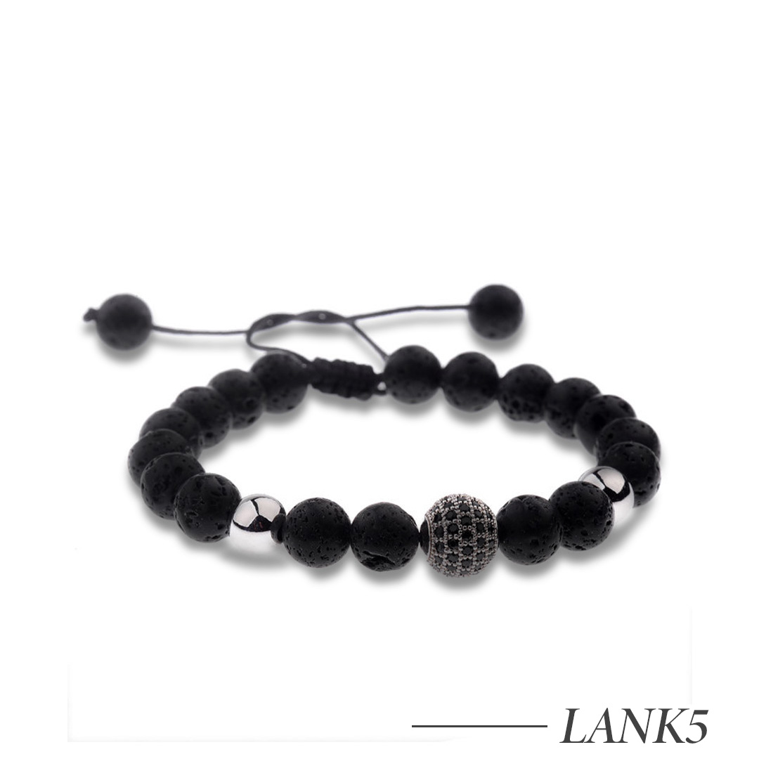 LANK5-Men's Black Lava Stone Beaded Bracelet with CZ Zircon Pave Adjustable Weave