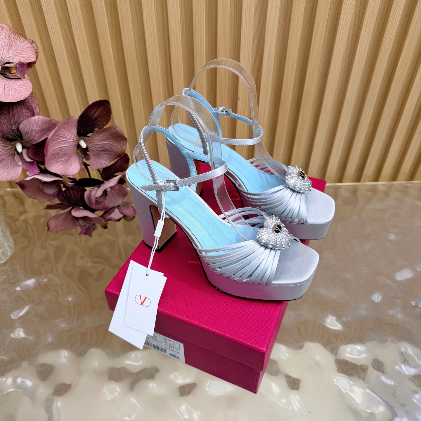 Valentino Garavani Silver VLogo Crystal Brooch Satin Multi Straps Platform Square Toe Chunky Heel Sandals