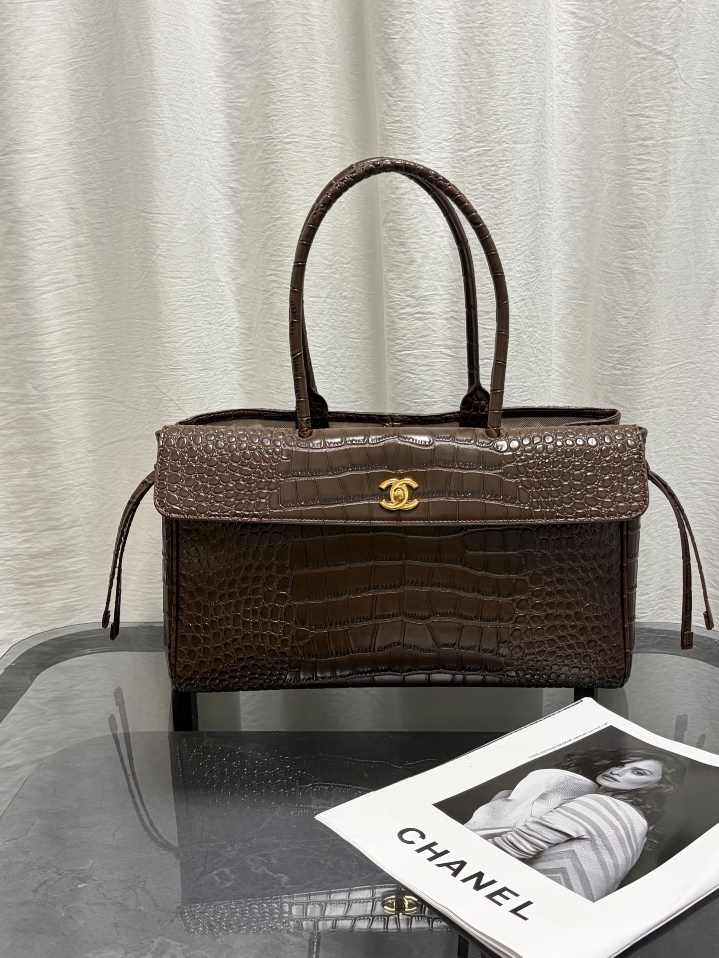 Chanel Style Croc-Embossed Flap Tote
