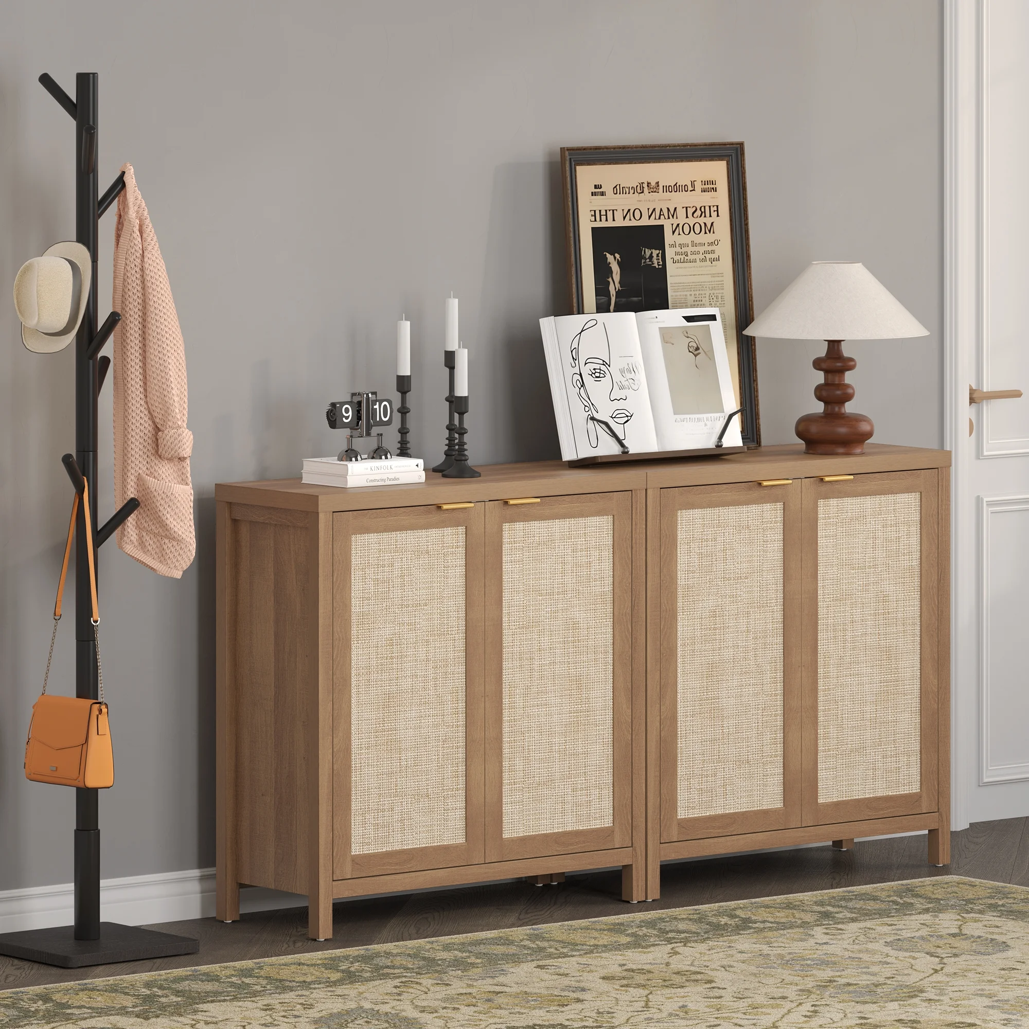 SICOTAS 34.3"W Rattan Sideboard Buffet Cabinet Set of 2, Kitchen Credenzas with 2 Doors & Adjustable Shelves, Console Table with Storage Cabinets for Living Dining Room, Oak