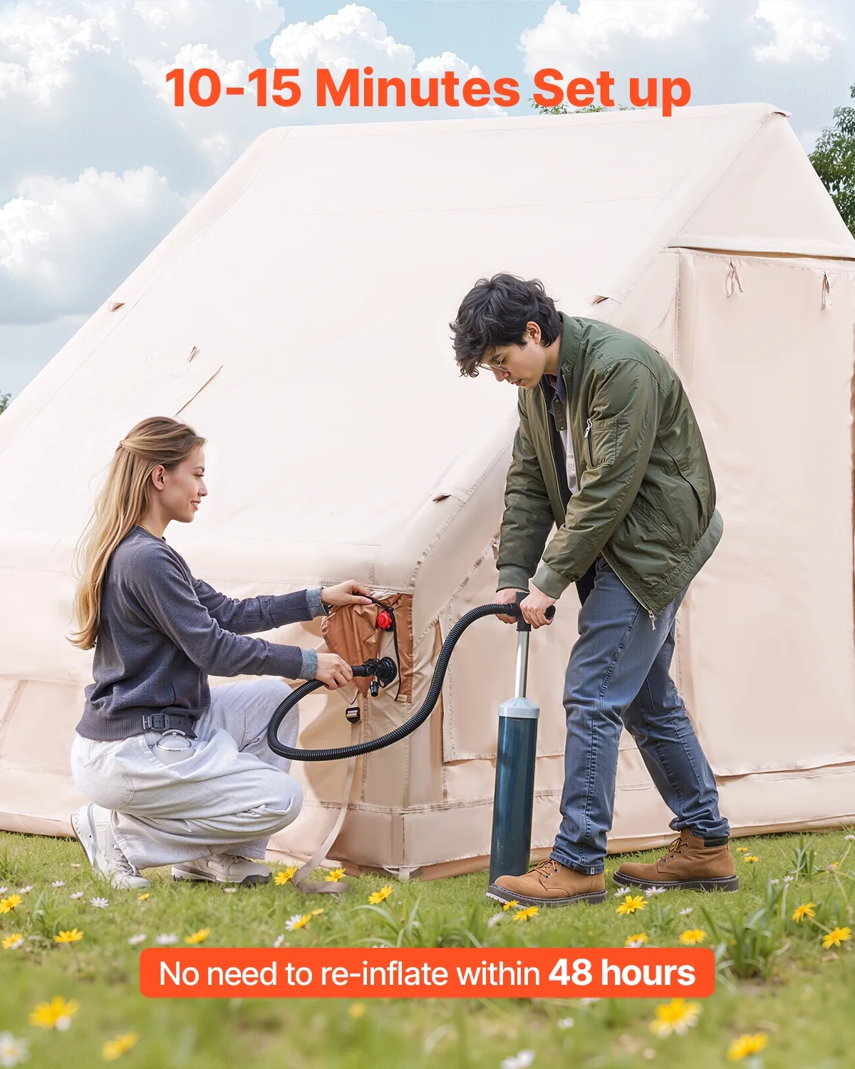 VEVOR Inflatable Tents for Camping, 5-8 Person Easy Setup Blow up Tent with Hand Pump, 300D Oxford Glamping Tent with Stove Jack 2 Doors & 4 Mesh Windows, Storage Bag Included for Easy Taking