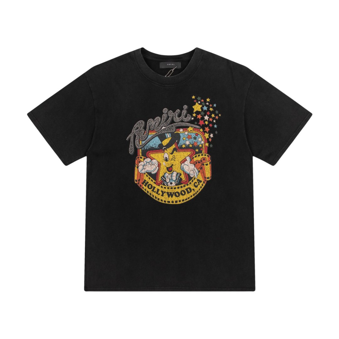 Black water-style short-sleeved shirt with cracked star print logo