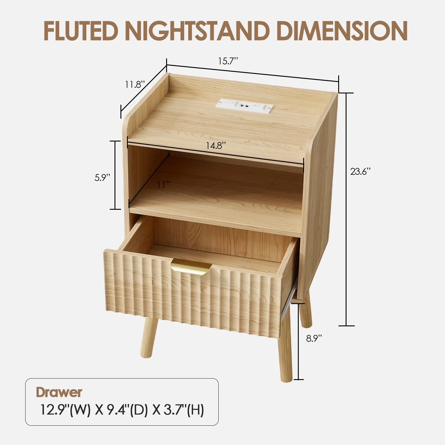 EROMMY Fluted Nightstand with Charging Station, 16" Modern Bedside Table with Drawer, Mid Century Nightstand with Storage, End Table for Bedroom, Living Room, Curved Profile, Natural Oak, Set of 2