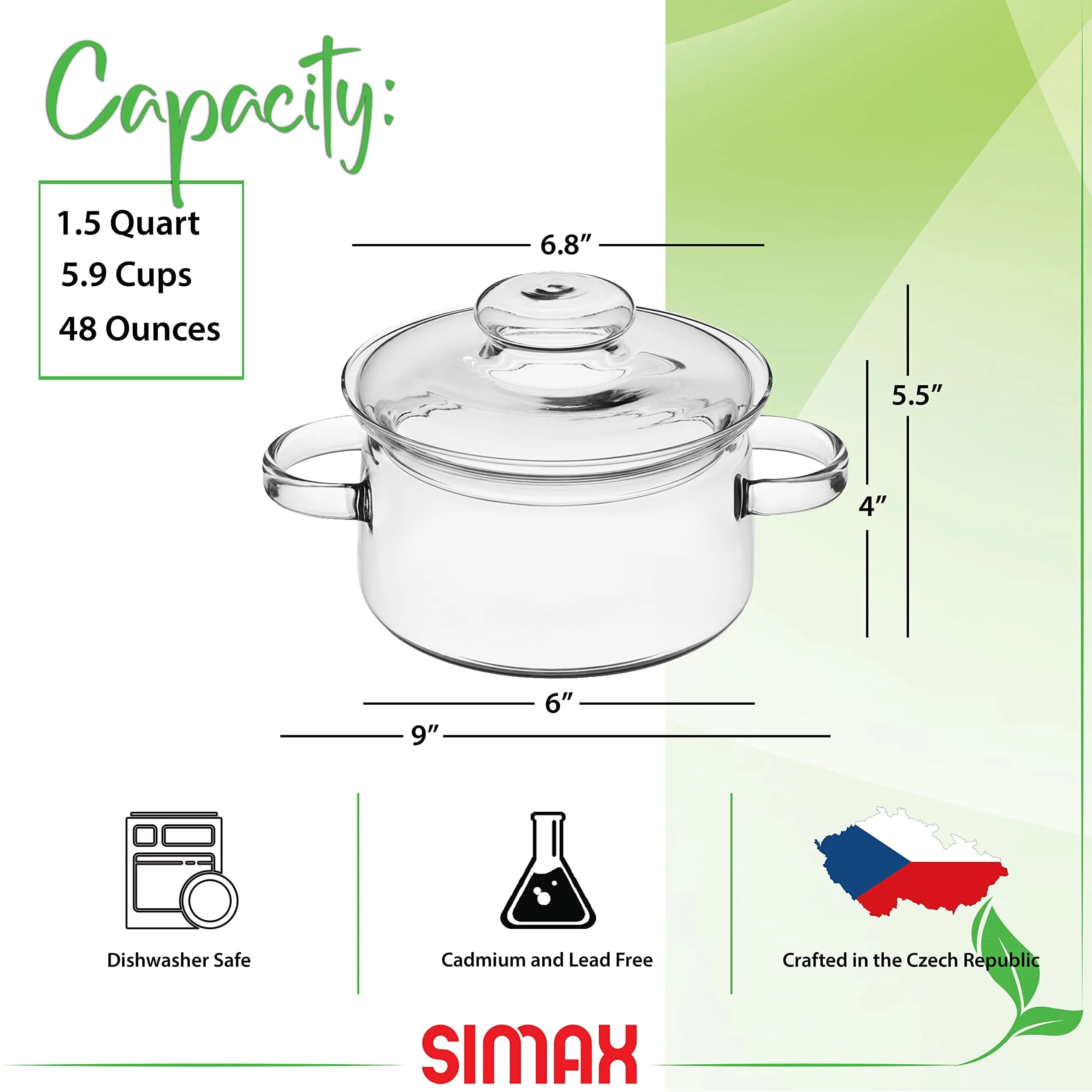 Simax Glassware 1.5 Quart Glass Pot With Lid | Heat Resistant Handles ?Doubles as Serving Dish - Made from Oven, Microwave, Stove and Dishwasher Safe Borosilicate Glass ?Small Glass Pot