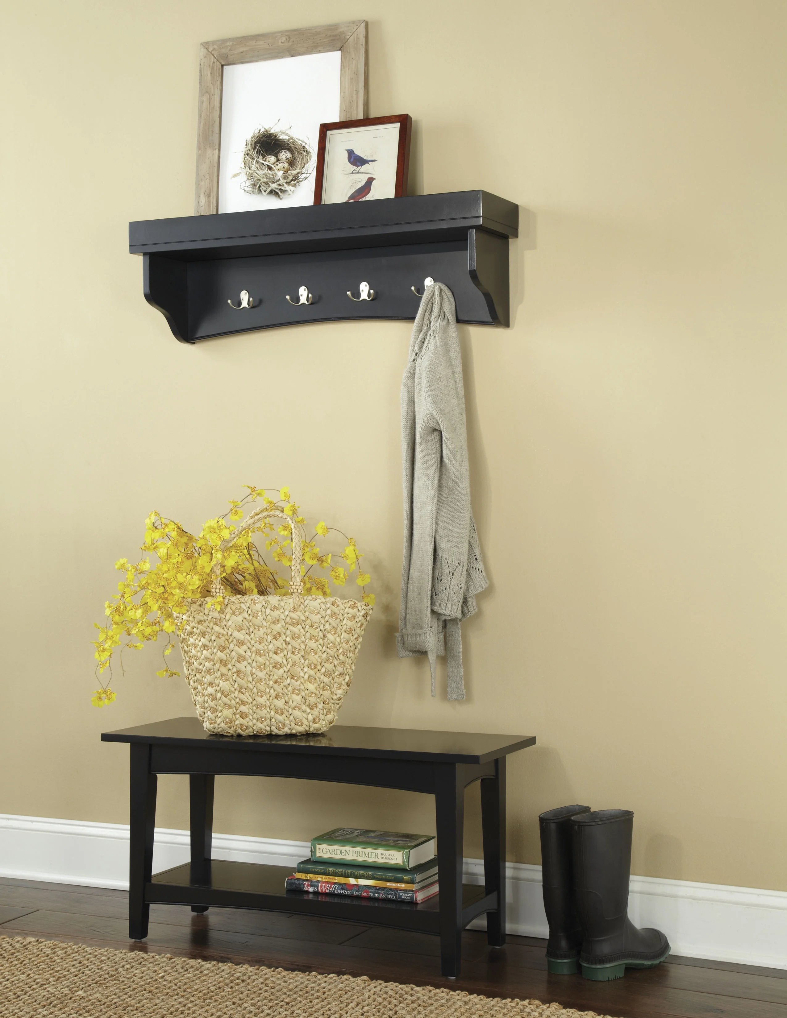 Alaterre Shaker Cottage Storage Bench/Coat Hooks with Tray, Black