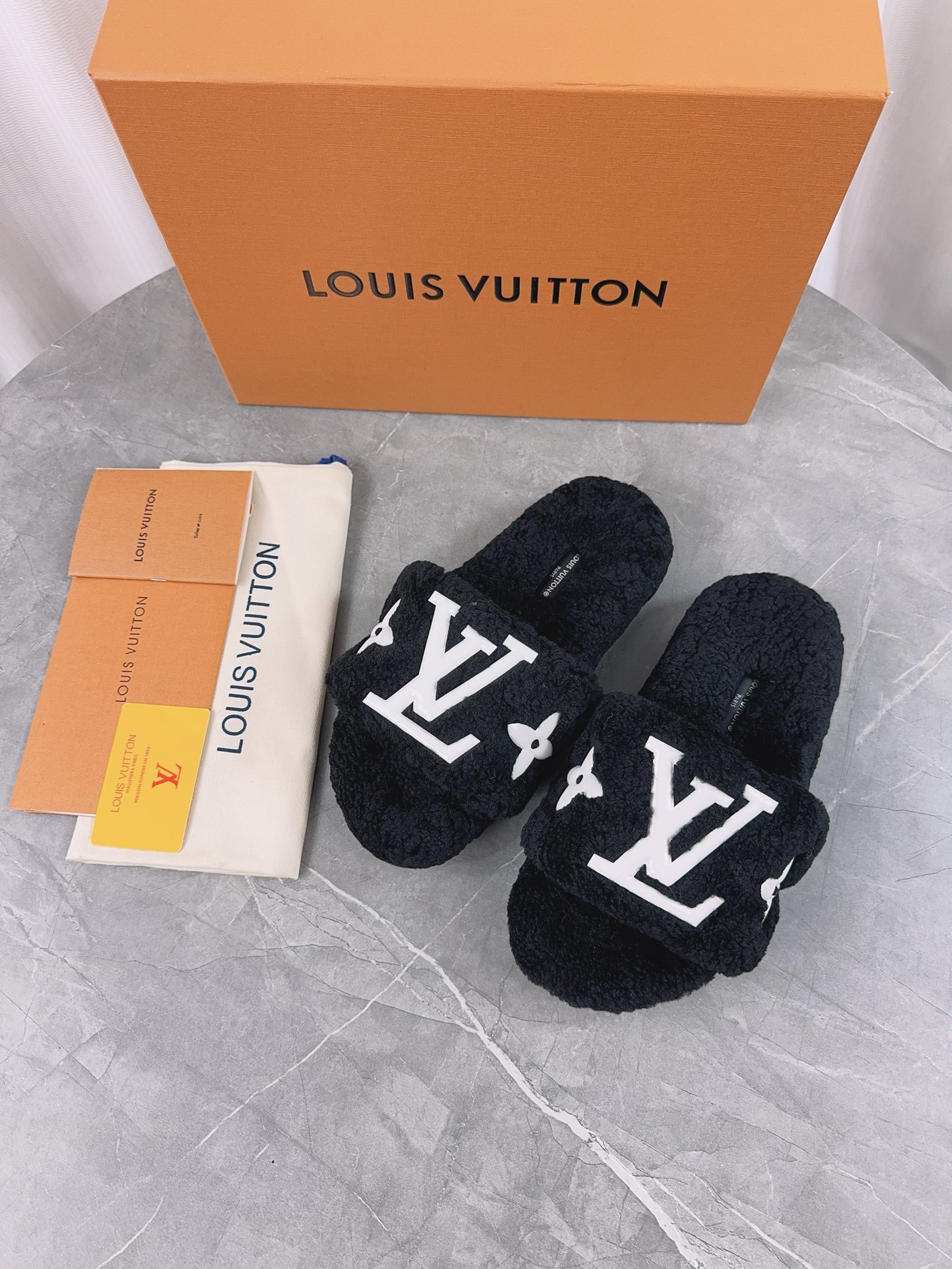 LV His & Hers Furry Slippers Sandals Black