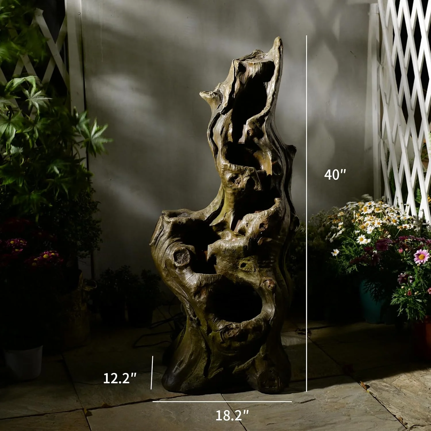 Water Fountain Outdoor 5-Tiers Large Cascading Realistic Tree Trunk Natural Waterfall Outdoor Fountain Resin Imitation Wood with LED Lights for Garden, Patio, Porch