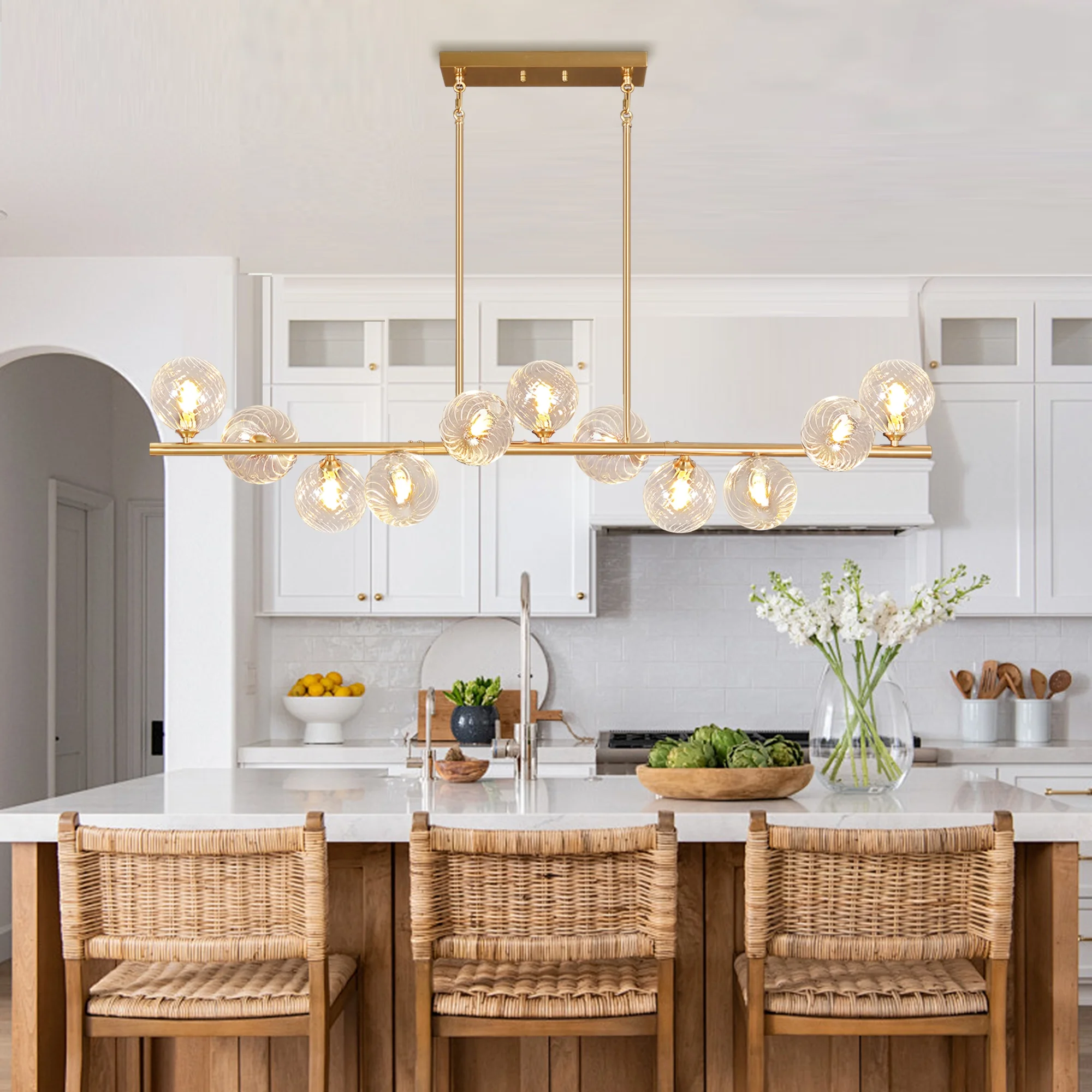 Lzawvm Dining Room Light Fixture with Swirled Glass Globe Linear Chandelier for Dining Room 11-Lights Pendant Lights Kitchen Island for Living Room Sputnik Gold 51inch