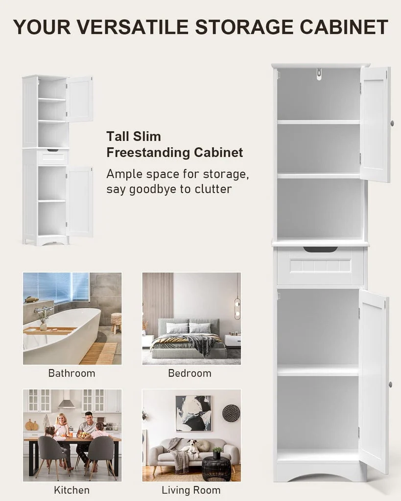 Aiho 67"H Bathroom Storage Cabinet with 2 Doors and 1 Drawer for Bathroom, Bedroom, Kitchen, and Living Room - White