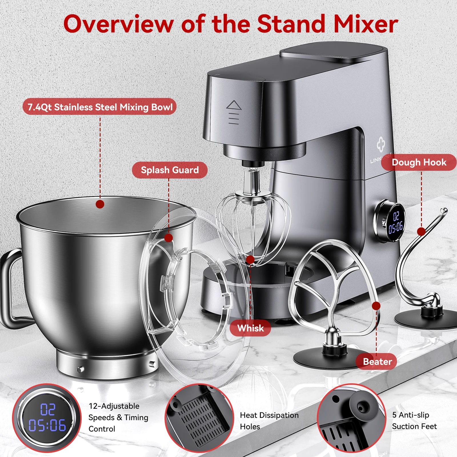LINKChef 7.4 Quart Stand Mixer, 800W 12-Speed Tilt-Head Food Mixer, Kitchen Electric Mixer with Dough Hook, Wire Whip & Beater