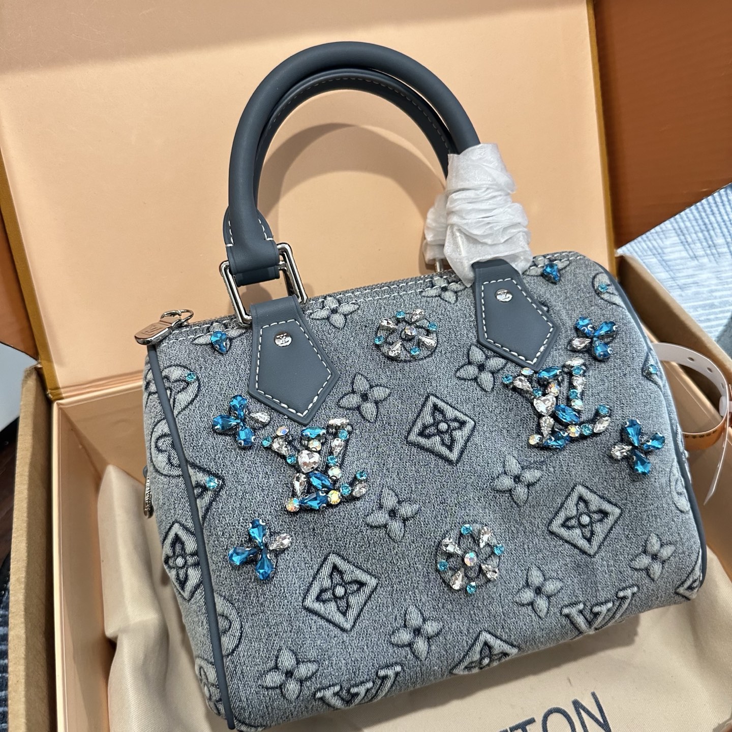 LV Speedy 20/30 Monogram Jacquard Grey Denim Crystal Inlaid Boston Top Handle Bag