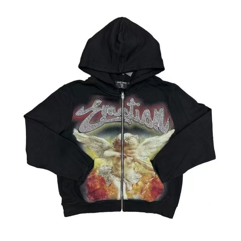 Retro Cupid Beaded Print Logo American Street Hooded Sweatshirt Coat