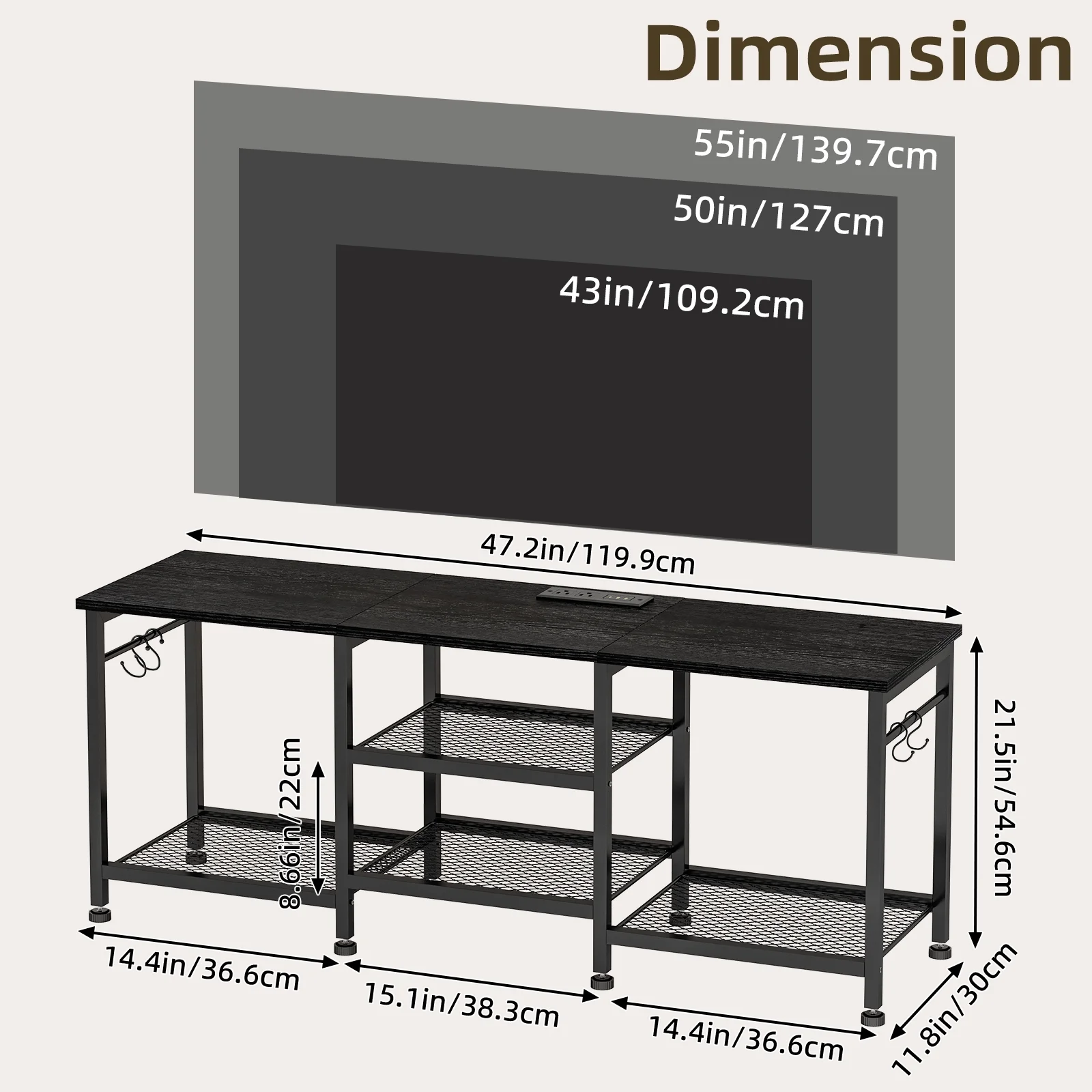 Fairy TV Stand for Bedroom, Entertainment Center for 55 Inch TVs, with Charging Station and Lights, Open Storage Shelves, TV Media Console (Black)