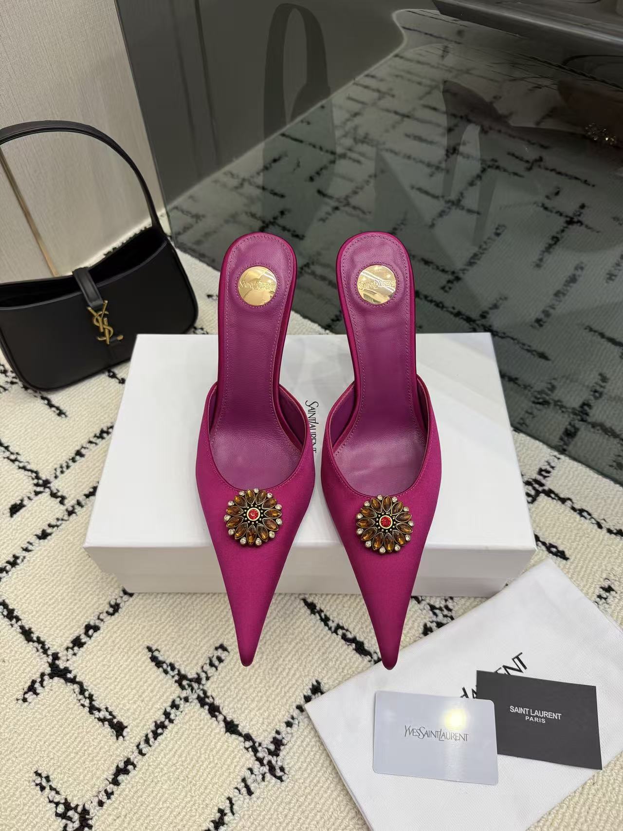 YSL Fuchsia Magenta Pointed Toe Satin Crystal Brooch Stiletto Heel Mules Sandals
