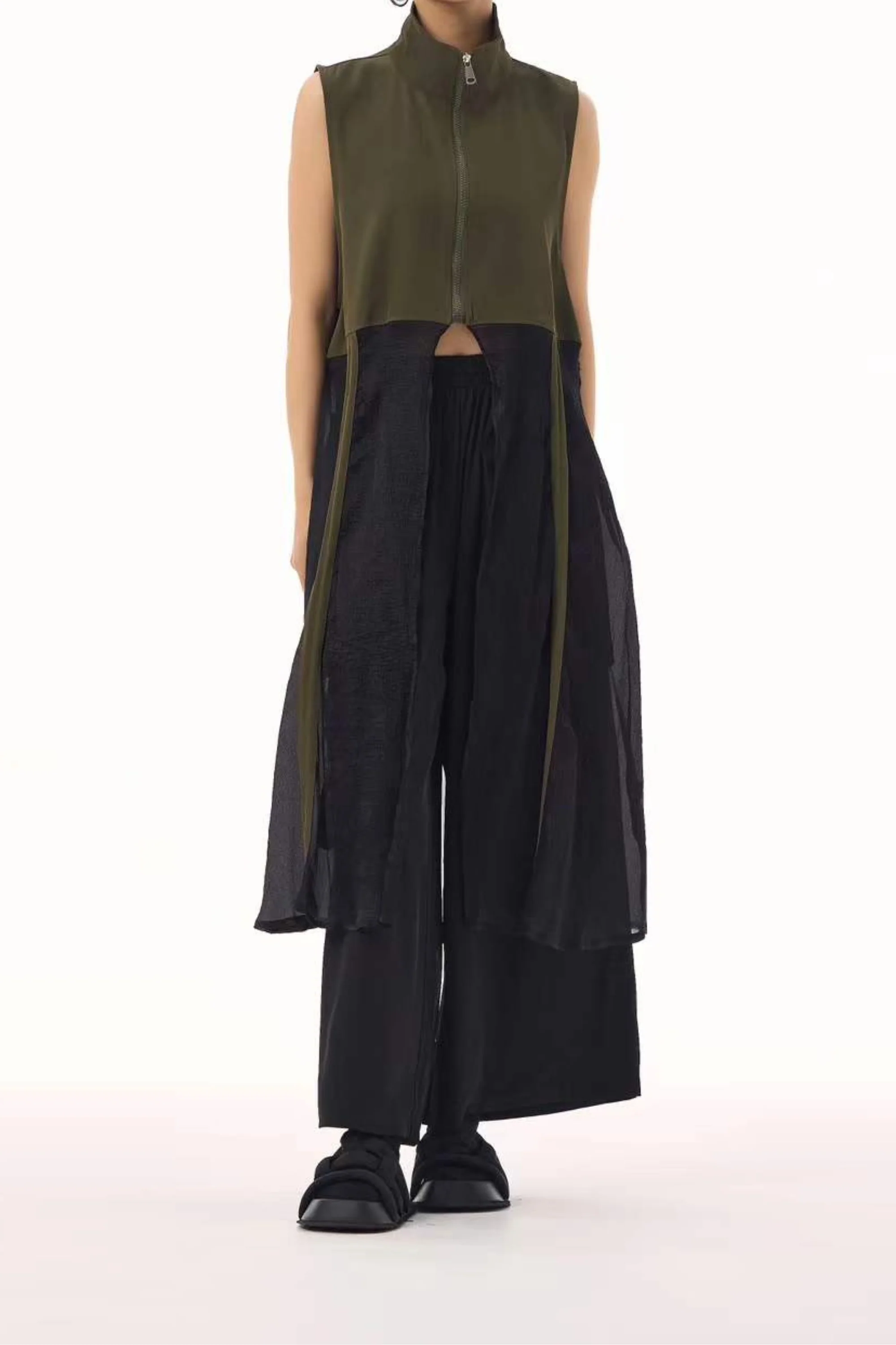 Army Green Zippered Longline Top