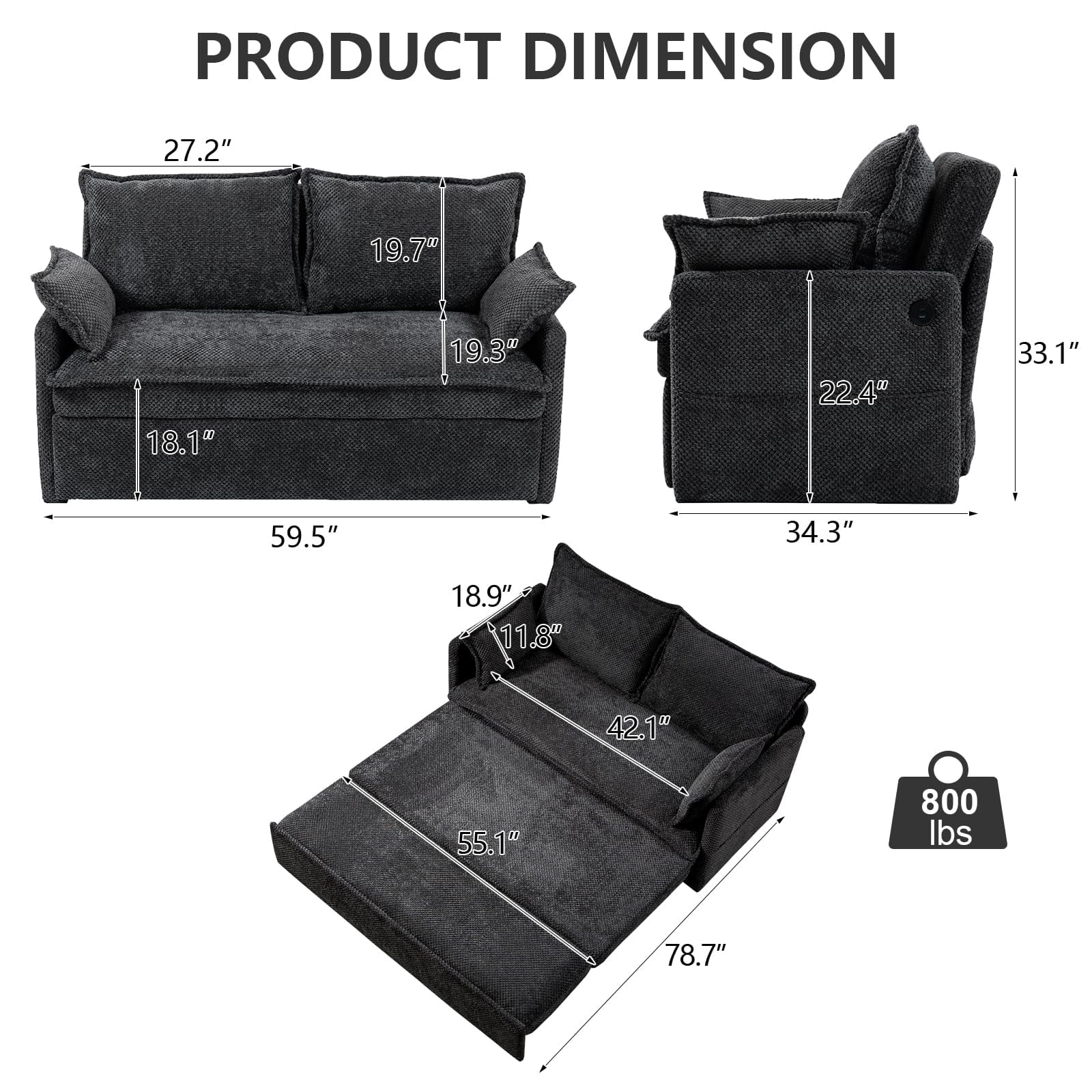 59.5" Corduroy Pull Out Sofa Bed with USB Charging, Side Storage, 2-in-1 Convertible Loveseat Sleeper, Grey