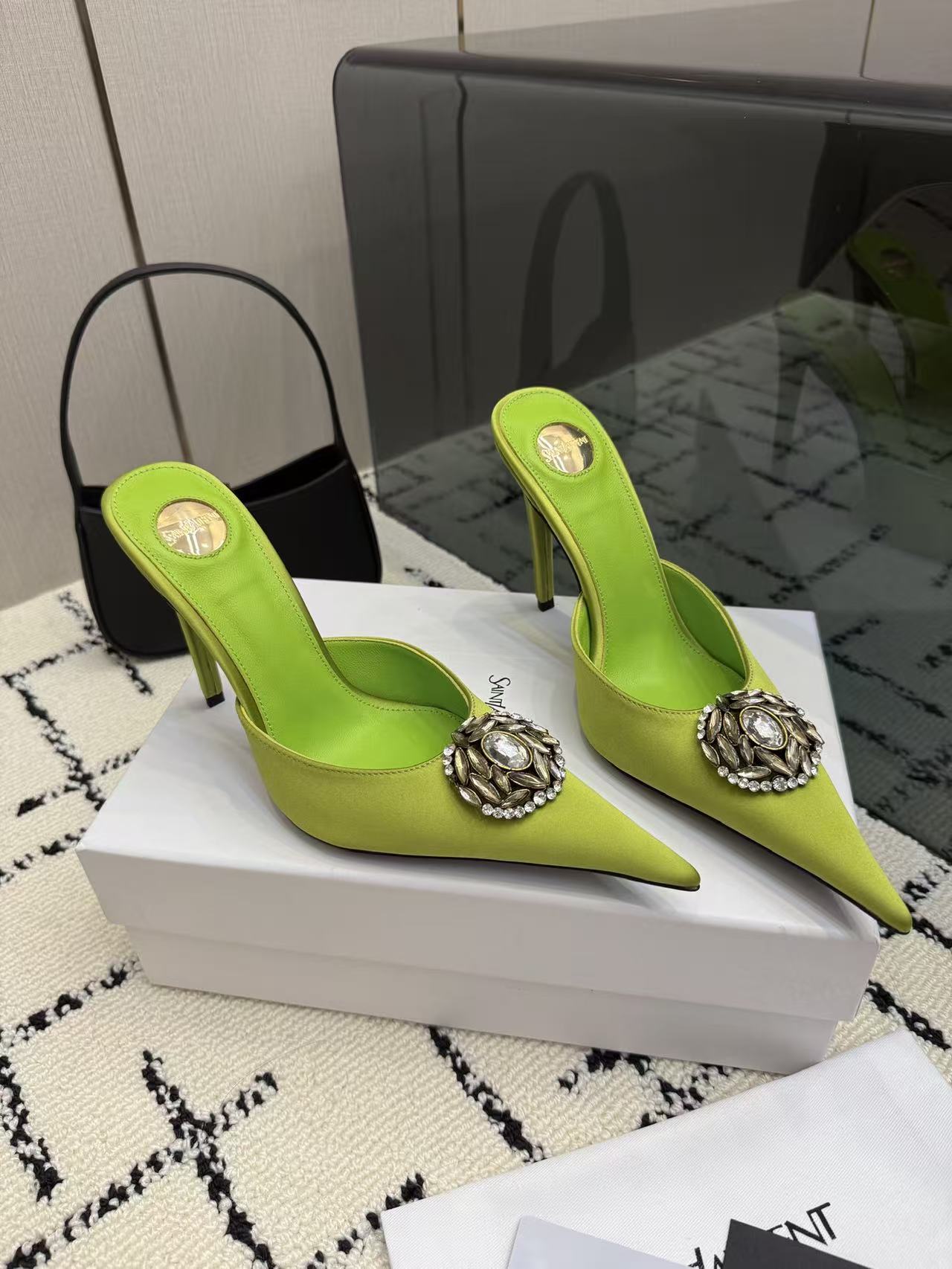 YSL Lime Green Pointed Toe Satin Crystal Brooch Stiletto Heel Mules Sandals