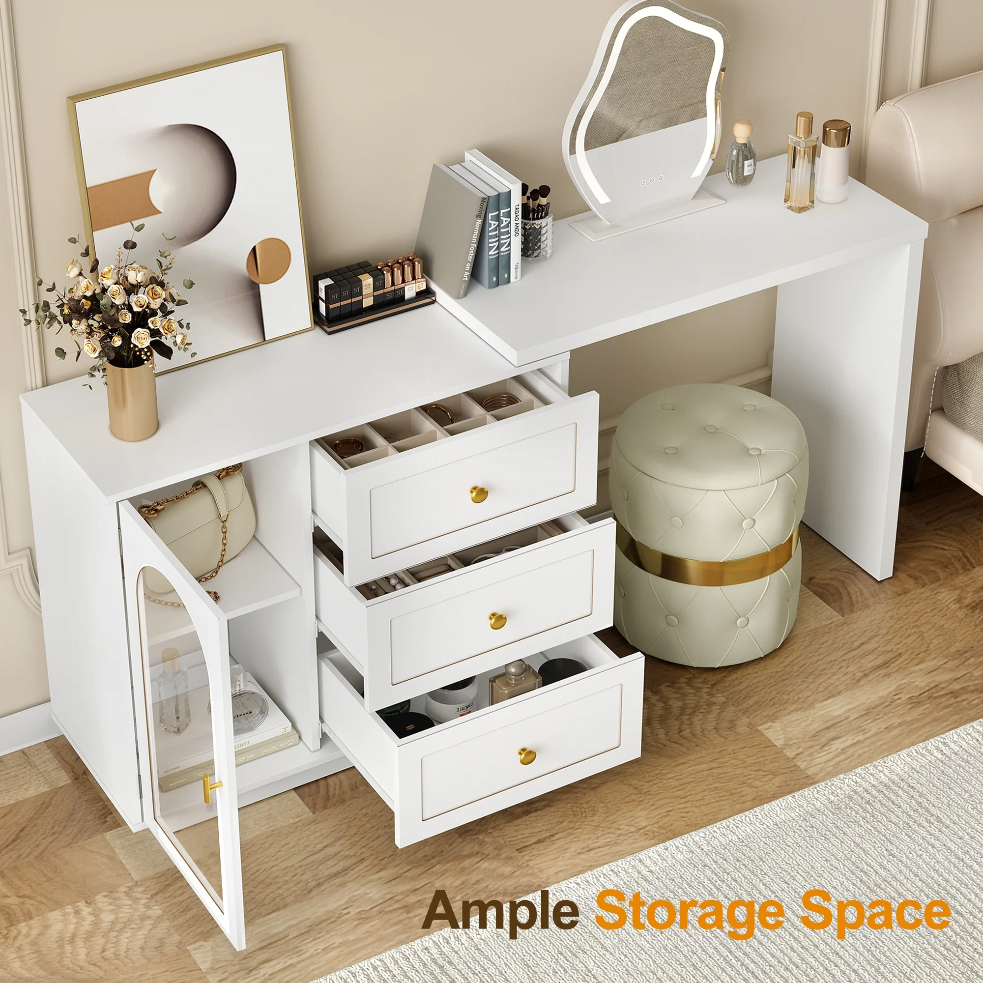 CozyHome 59�� Extendable Corner Vanity Desk with Rotatable Tabletop, Large White Makeup Vanity Table for Women Girl, 3 Drawer & 1 Door, Wood Vanity Dresser for Apartment, Dorm, Study Room, Home Office