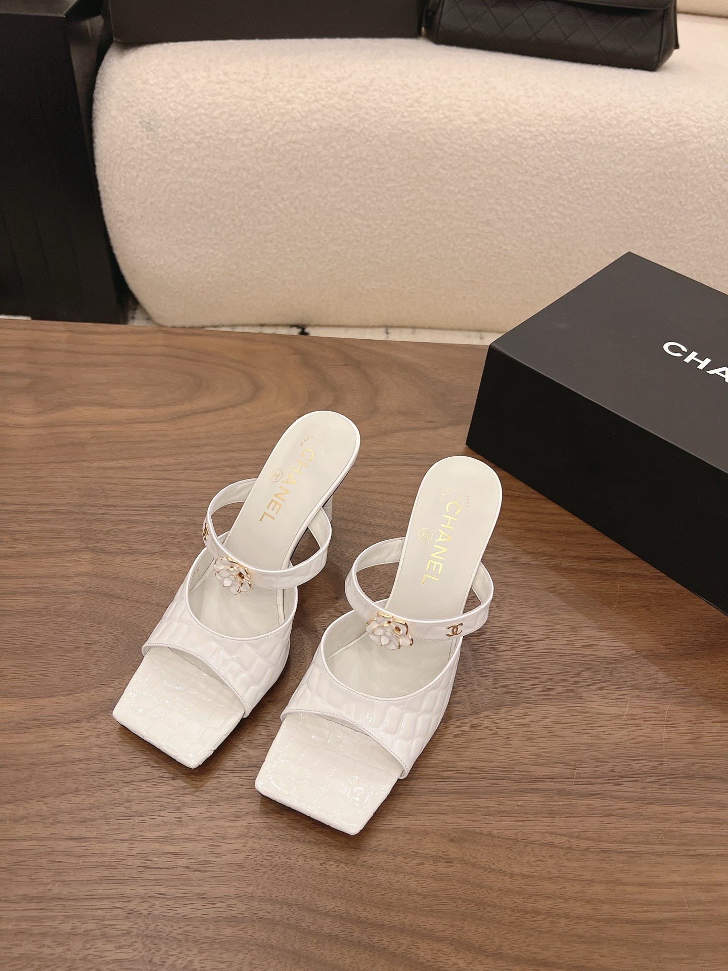 Chanel 26K White Camellia Buckle Croc-Embossed Leather Square Toe Sandals Mules Heels