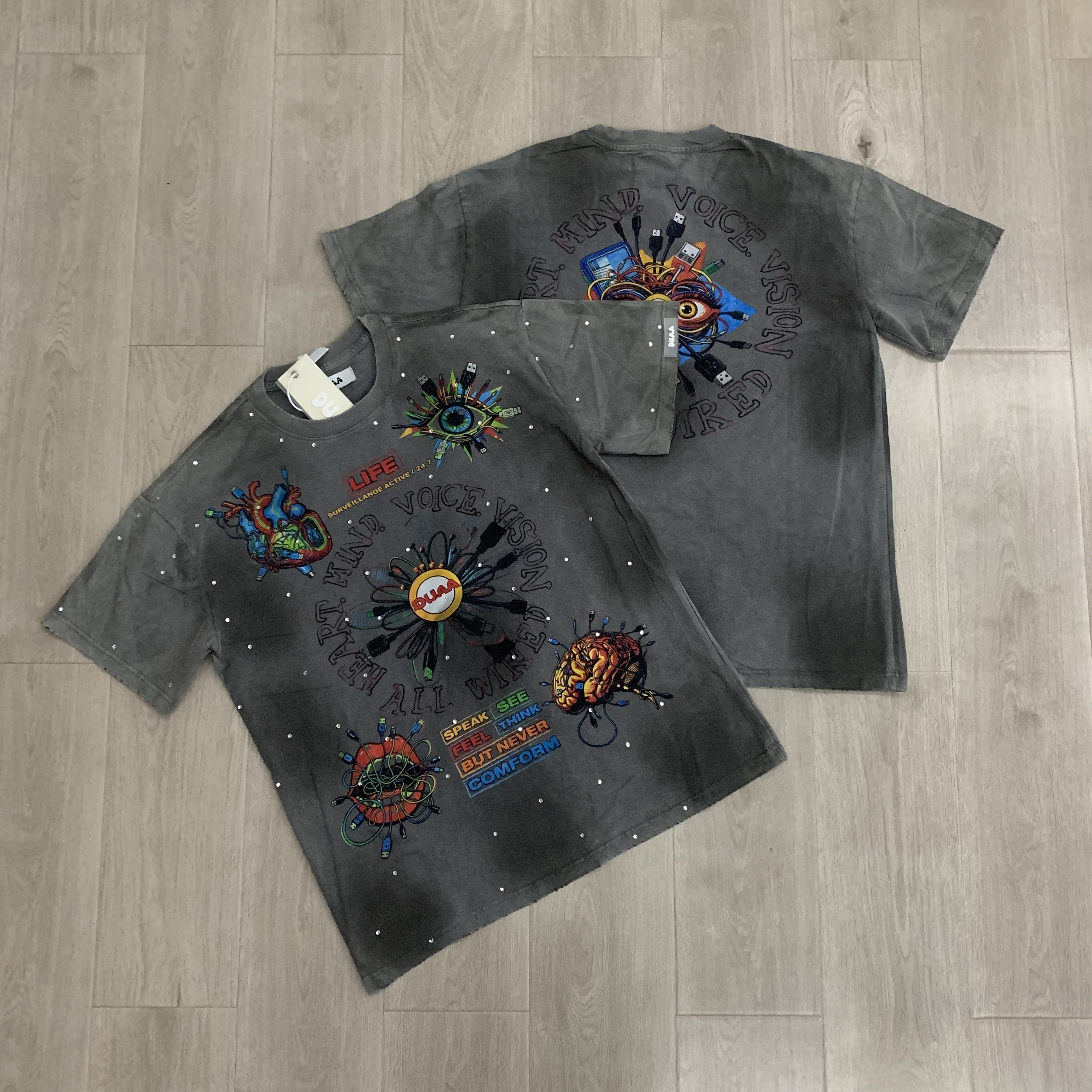 White ink direct spray with rhinestone embellishment, water-damaged vintage short-sleeved T-shirt.style 5