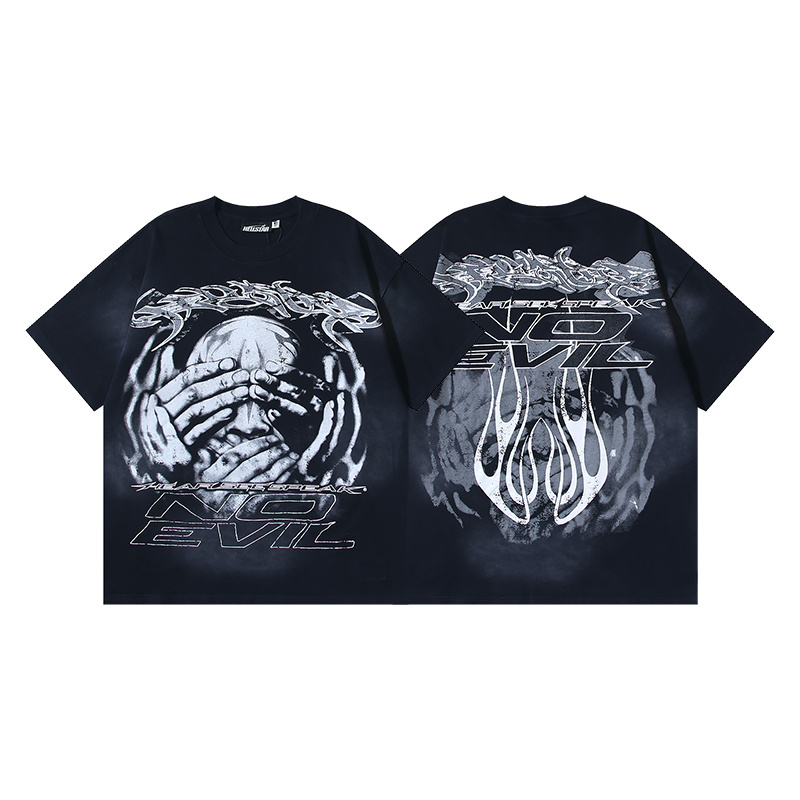 Cool flame blindfolded and mouth-covered mysterious organization printed T-shirt