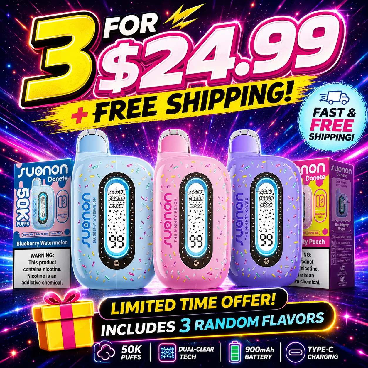 3 for $24.99+ Free Shipping SUONON DONETE 50K  Disposable Vape