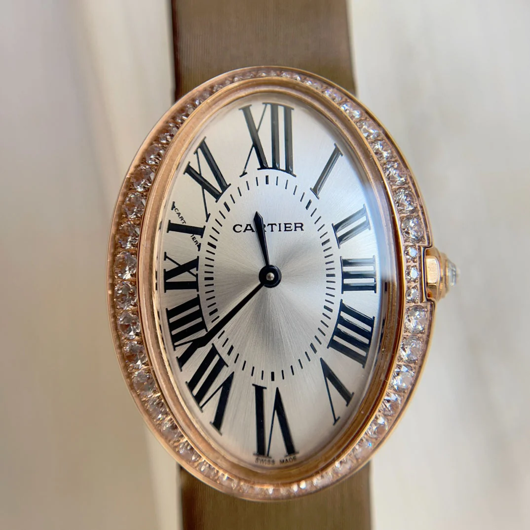 Cartier Watch Baignoire 28mm Pink Gold Diamond Case Black Silk Leather