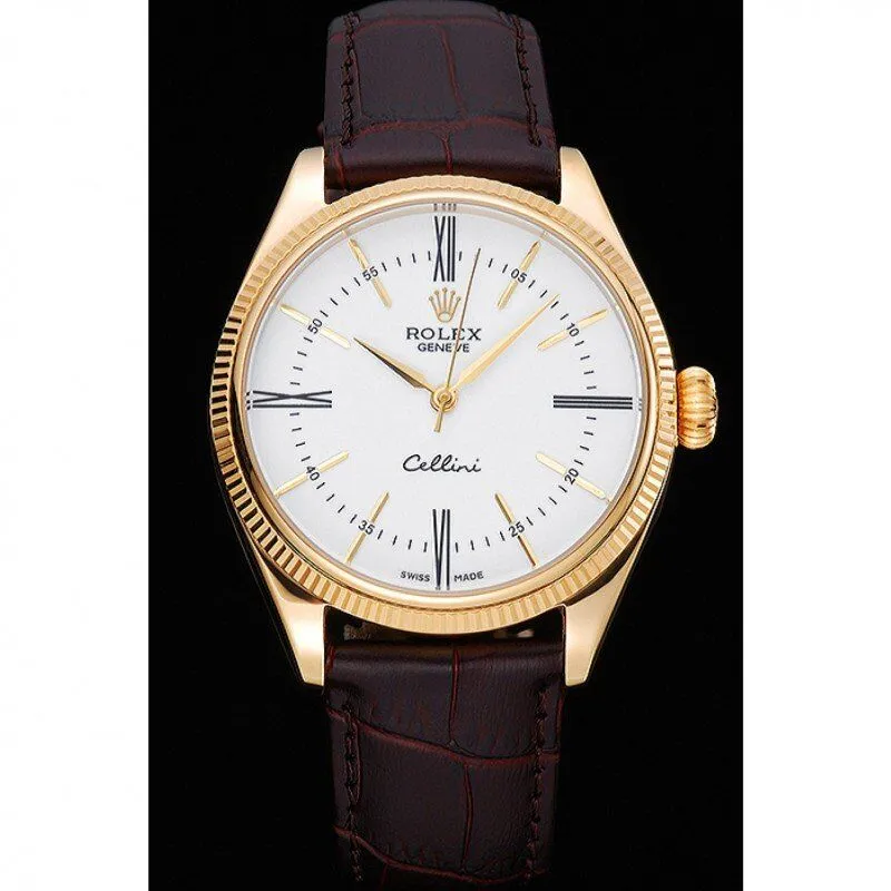 Rolex Cellini White Dial Gold Case Brown Leather Strap 622833